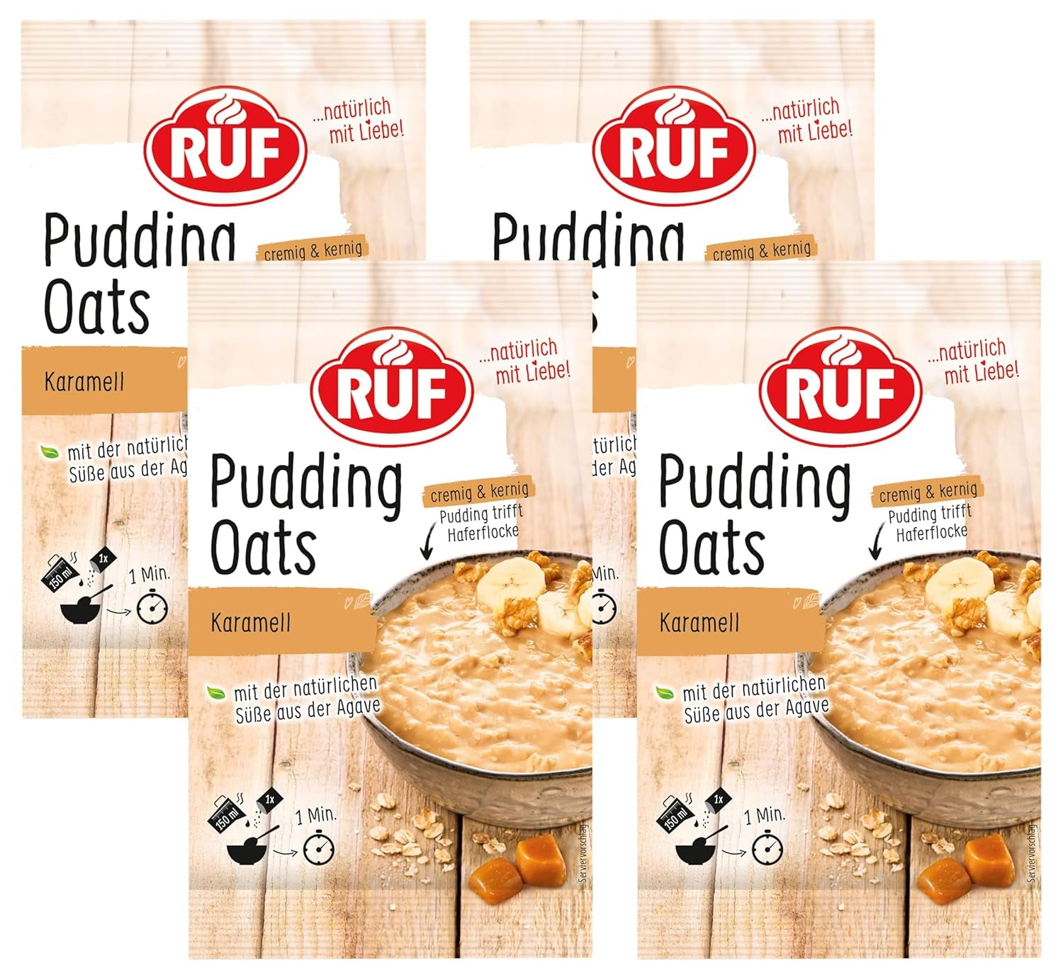 Caramel Oat Pudding, a harmonious blend of caramel pudding and whole grain oats, sugar free, sweetened with agave syrup, 1 sachet x 64g (4 pack)