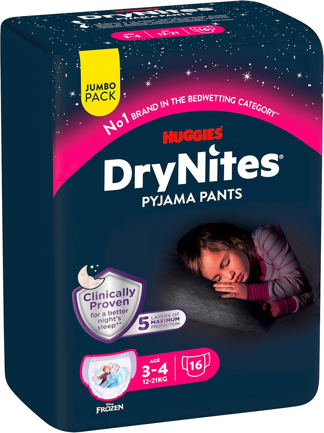 Huggies DryNites Super Absorbent Nighttime Diapers for Girls 3-4 Years (12-21kg) 4 x 16 Count (64 Count Total) Monthly Panty Pack