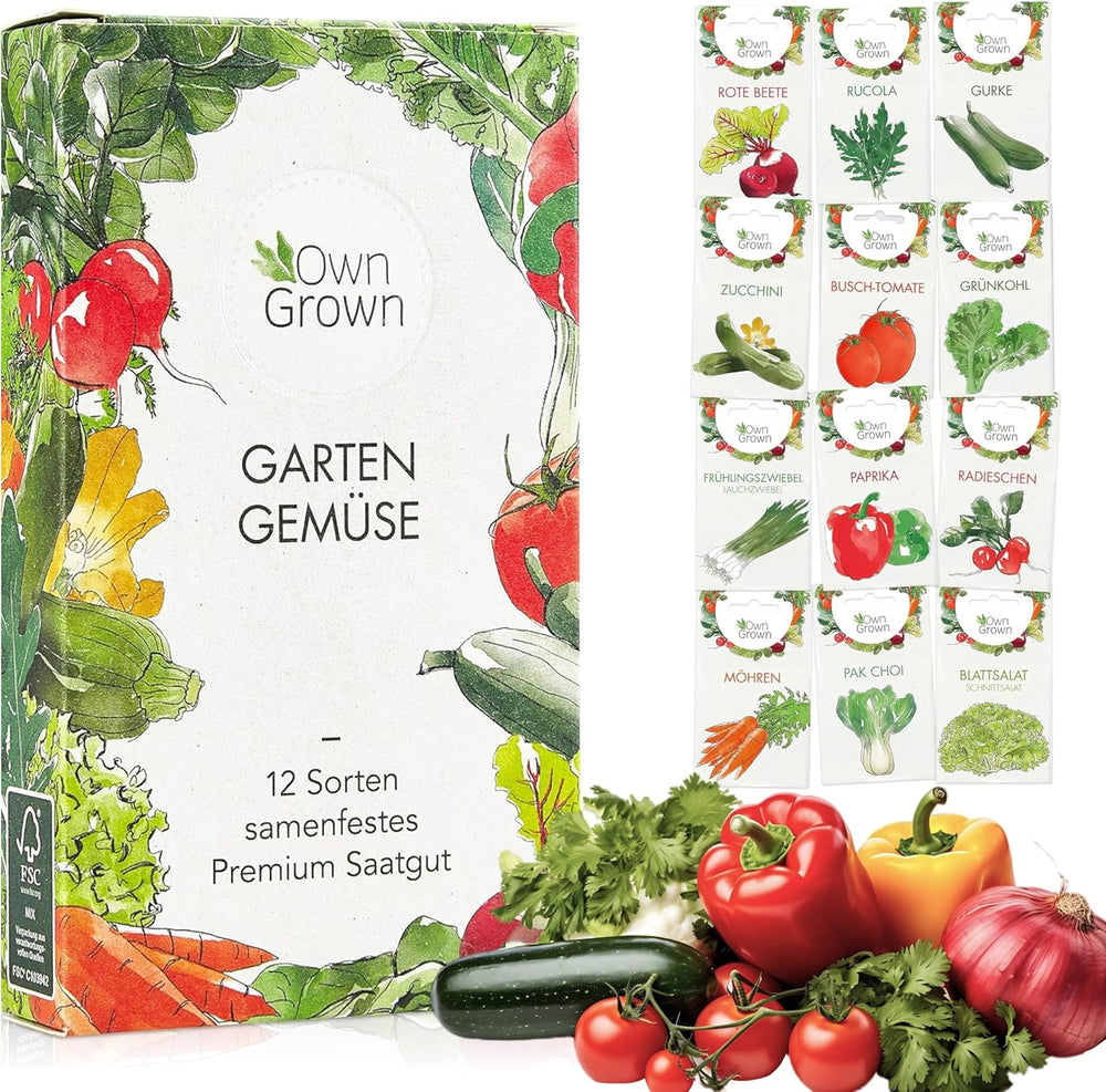 OwnGrown Vegetable Seed Set - 12 Pflanzensemen Sorten für Hochbeet und Garten - Praktische Box mit Gemüsesamen für den Anbau Frischer Ernte zu Hause - Ideal für Gartenliebhaber