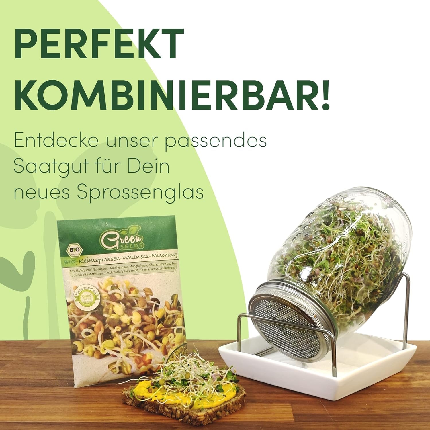 [Original starter set with sprouting jar + watercress strainer | 1000ml with High Quality Stainless Steel Mesh Cover Stand Ceramic Tray + ABC for Germination [Print Version] Seedling Tray with Germination Jar