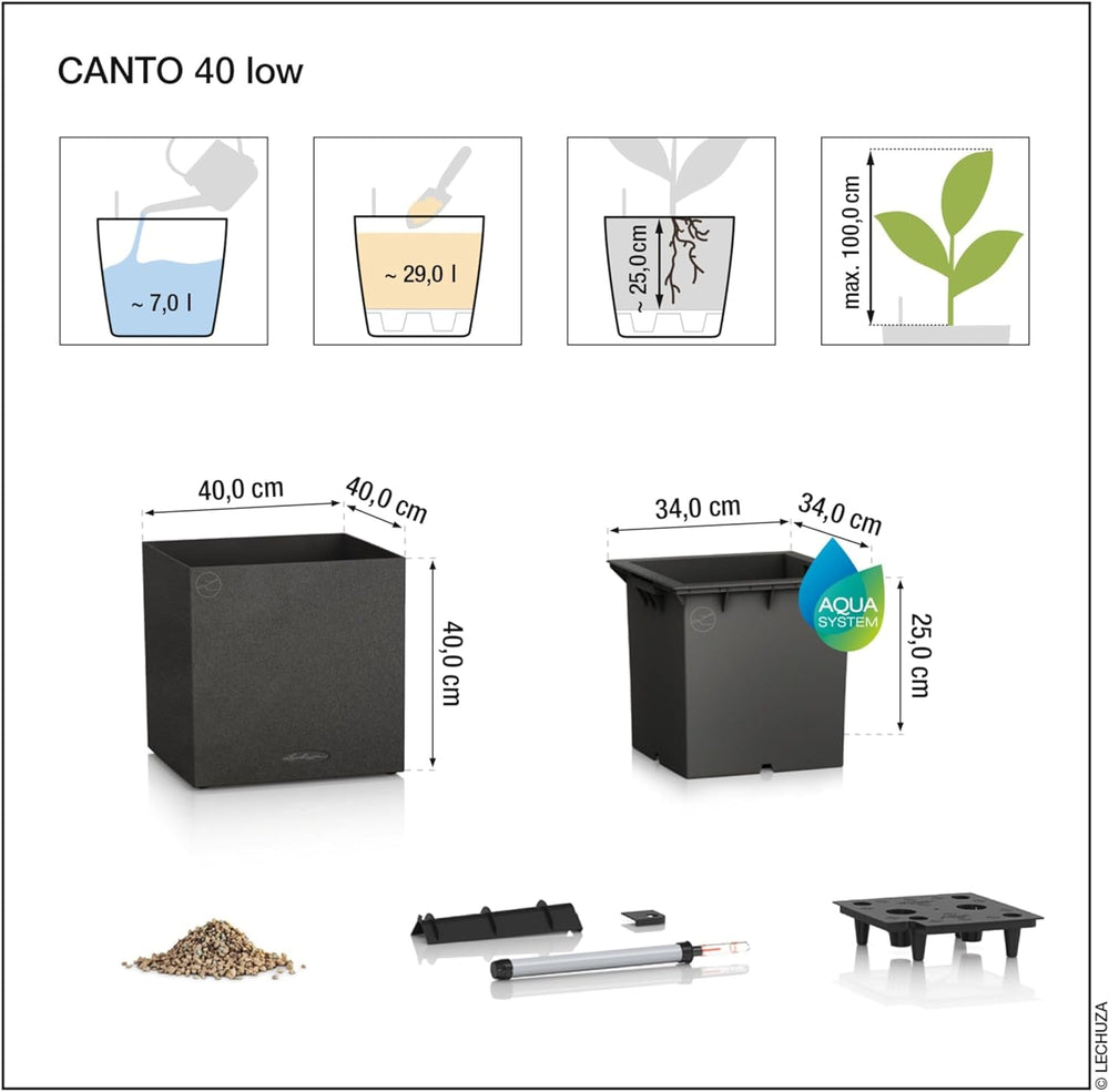 Ghiveci LECHUZA Canto Slatestone 40 Low Gri Închis, ghiveci cu sistem de udare, indicator al nivelului apei și inserție pentru plante, aspect ardezie, 40 x 40 x 40 cm, 15951