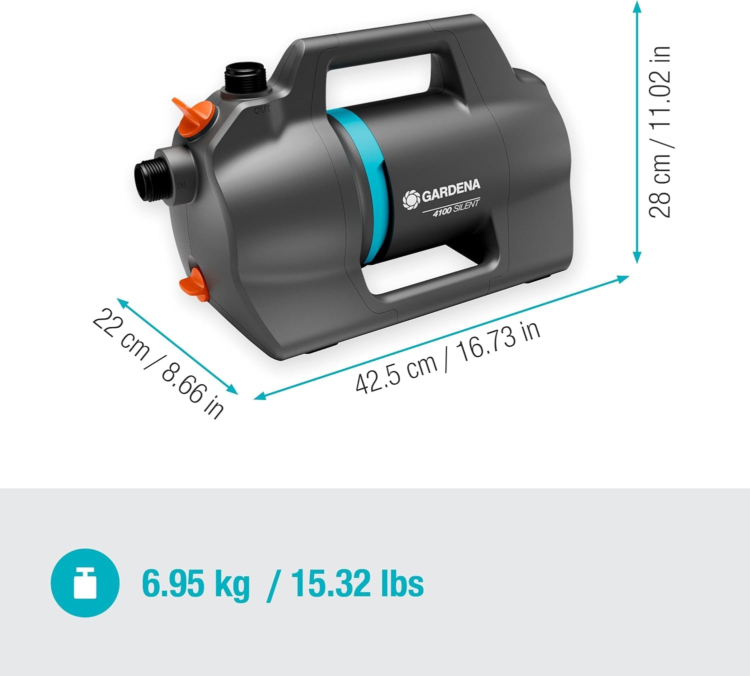 Set silențios pentru pompă de grădină Gardena 4100: Pompă de irigații foarte silențioasă și inovatoare, cu racord de aspirație de 3,5 m și furtun Classic de 20 m, debit 4100 l/h, motor de 550 W, impermeabilă, economică (9051-20)
