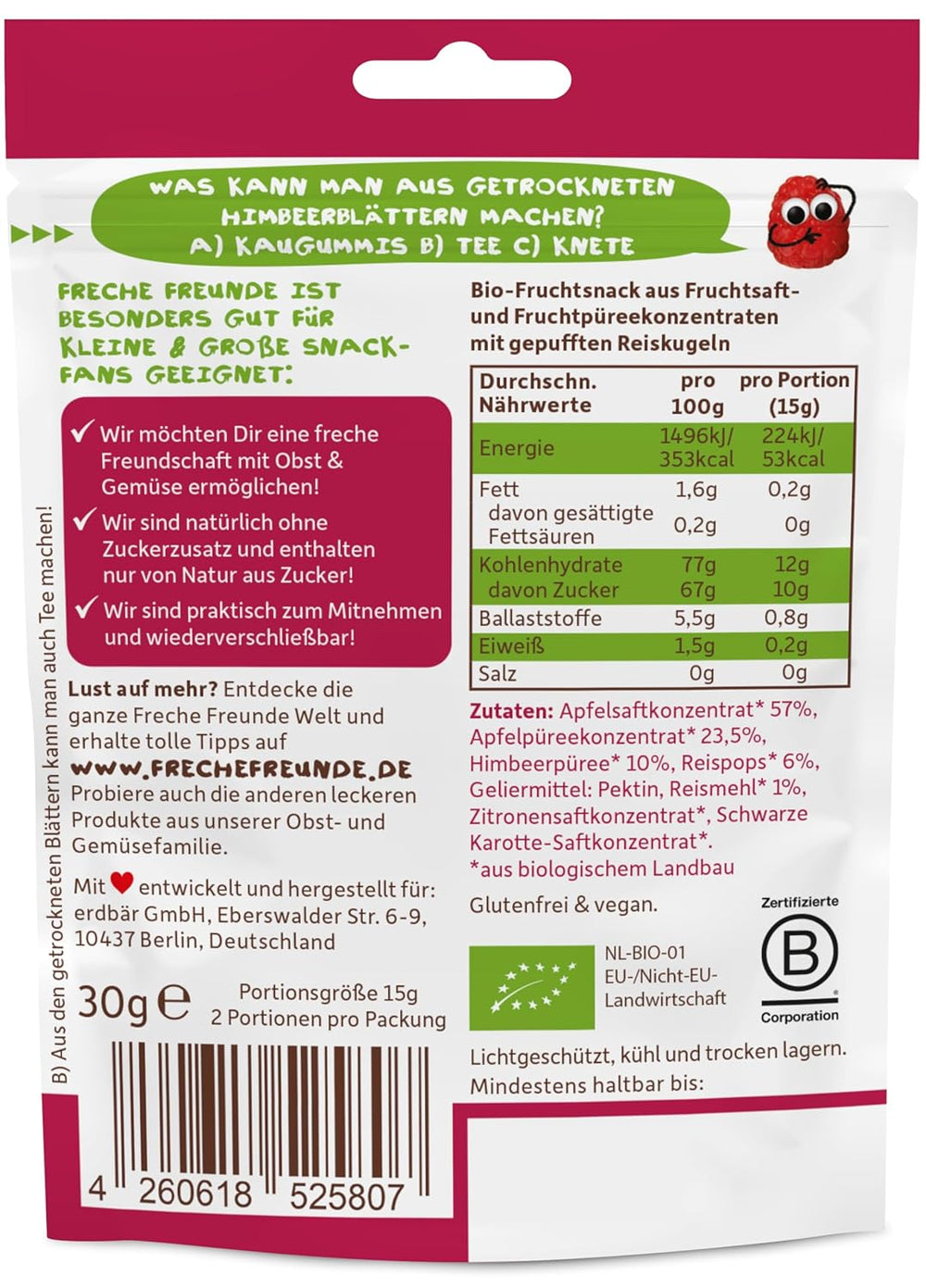 FRECHE FREUNDE Organic Fruit Jellies, Apple, Raspberry and Rice Lollipops, Fruity Sweet Snack for Kids, Gluten Free, Vegan, Pack of 20 (20 x 30g)