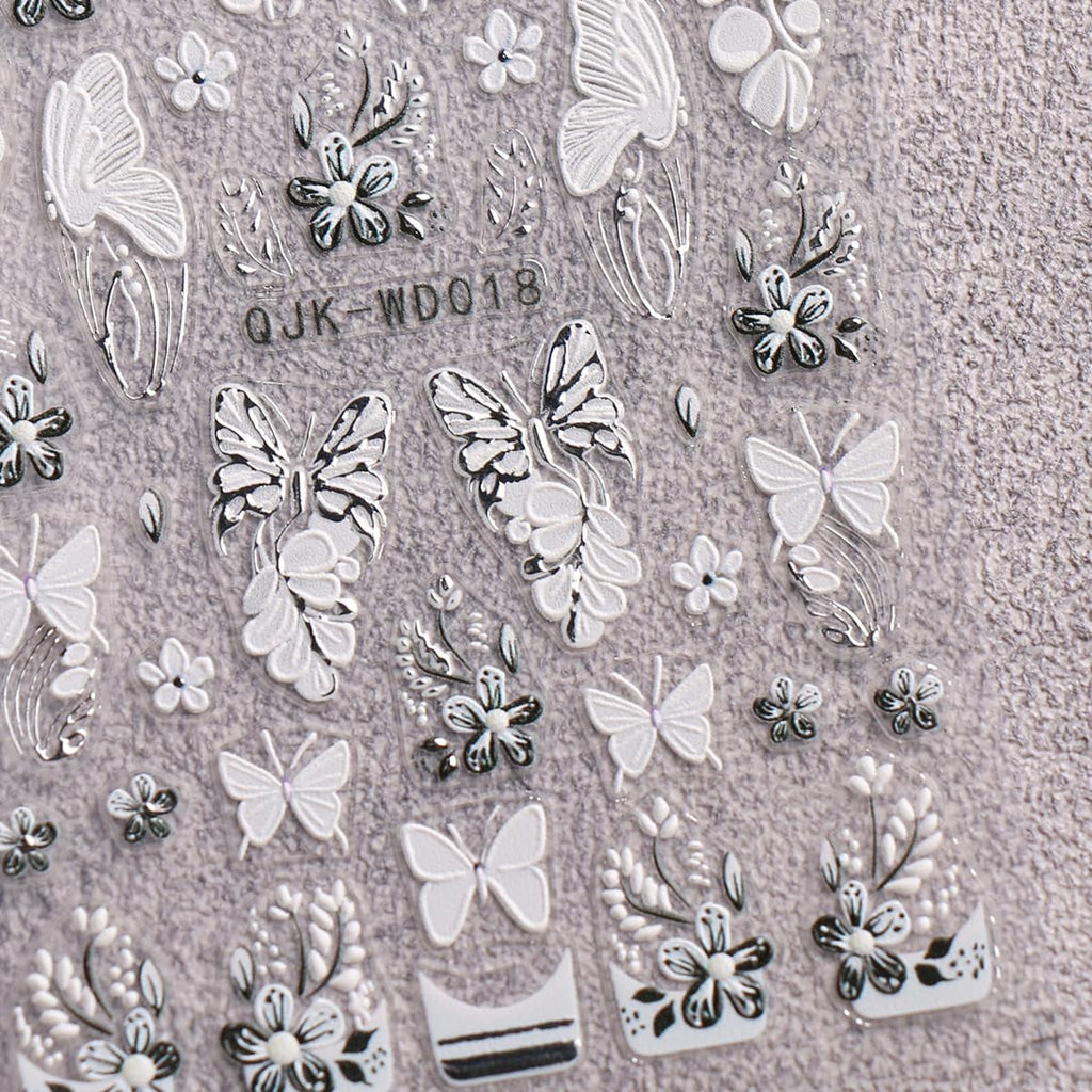 JMEOWIO Nagelsticker Schwarz Weiße Blume 6 Blatt Nail Art Sticker Selbstklebend Nagelaufkleber Frühling Sommer Floral Dekoration Nageldesign Zubehör