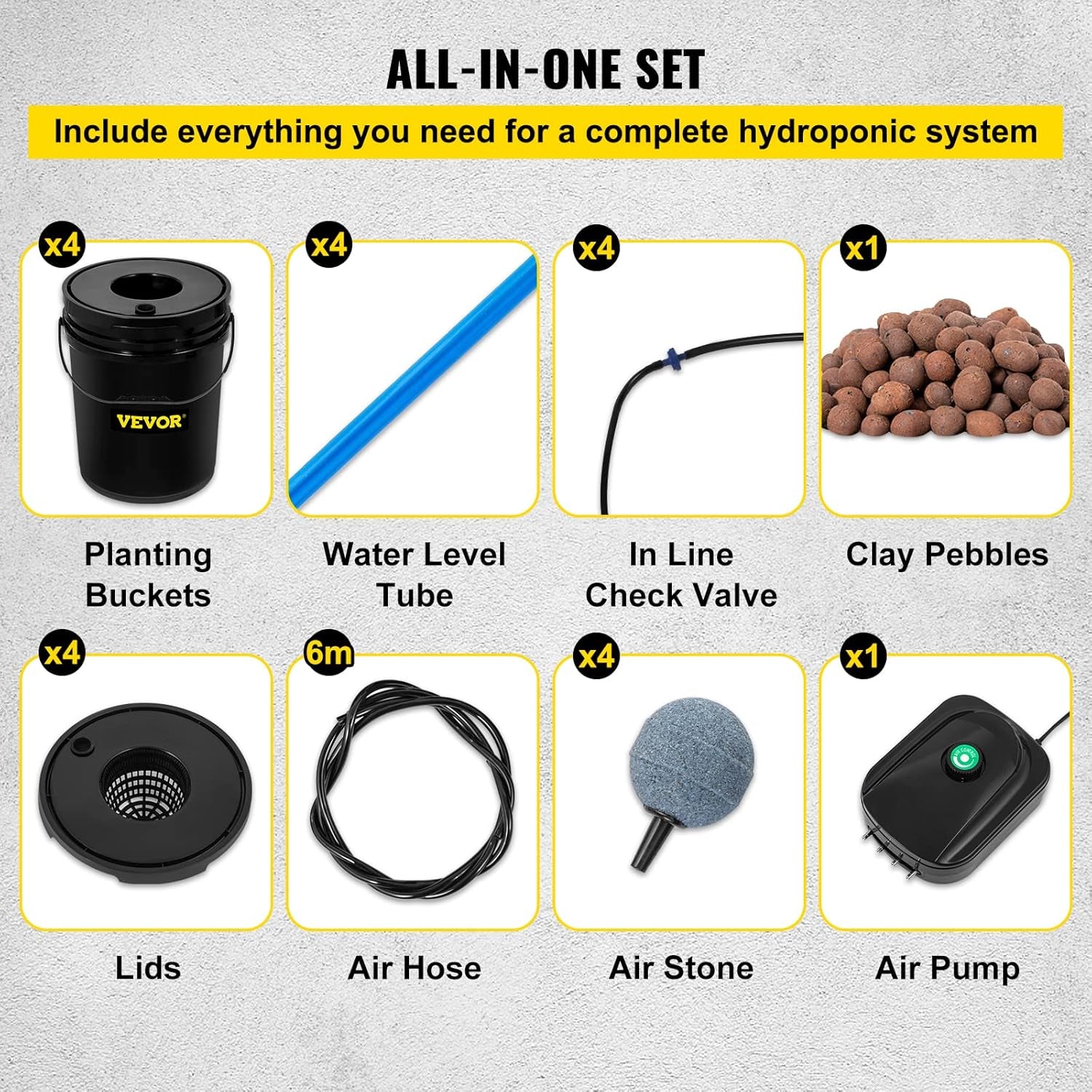 VEVOR DWC Hydroponic Grow System, Hydroponic Grow Systems, Deep Water Cultivation 4 20 Liter Buckets, DWC System with Air Pump, Air Stones and Water Level Indicator for Leafy Vegetables
