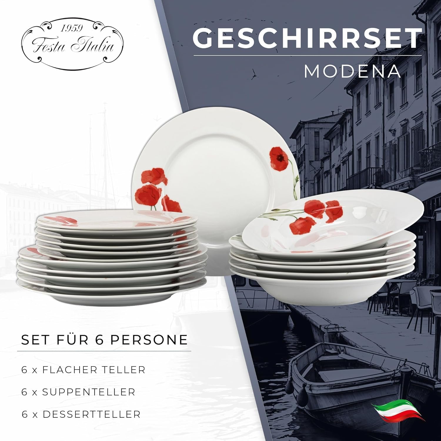 Set de veselă pentru 6 persoane - 18 piese - Set de farfurii din porțelan - Set de veselă albă - Set de bol și farfurie - Veselă modernă - Farfurii - Serviciu de masă - Set de veselă pentru 6 persoane