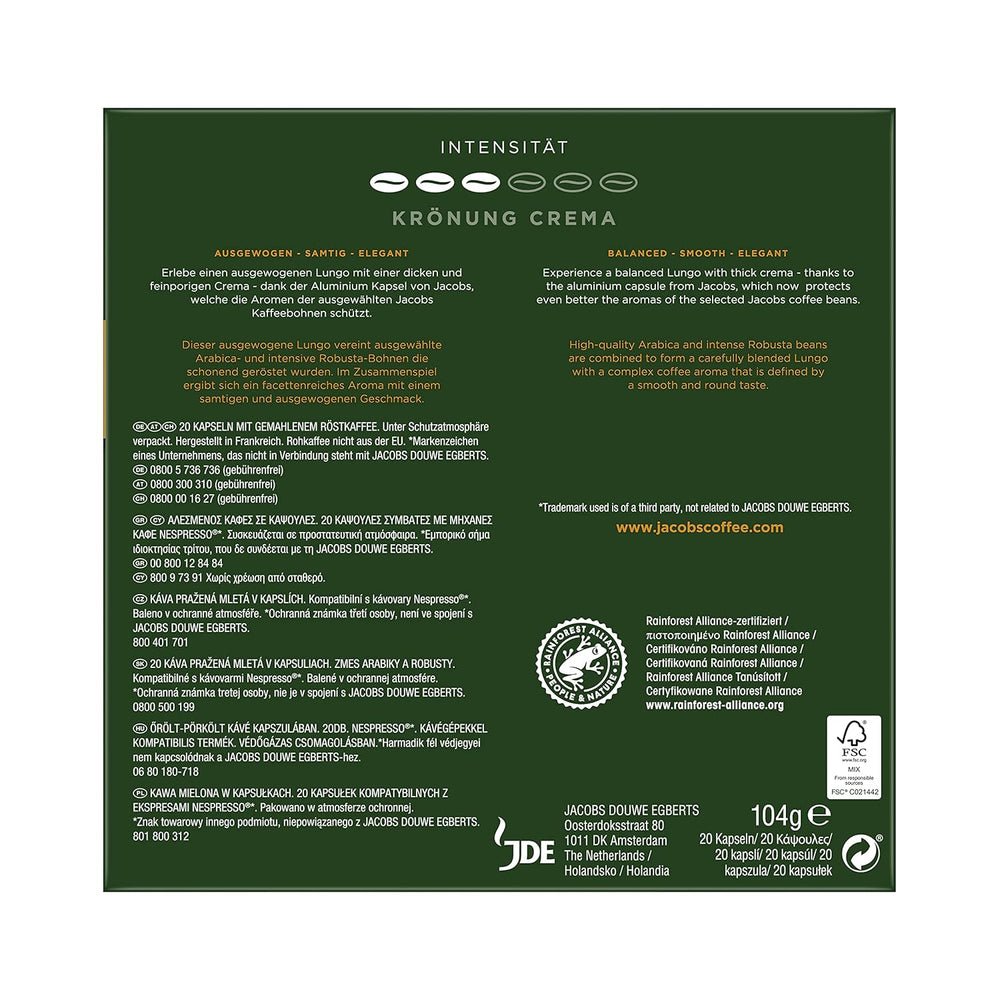 Kaffeekapseln Lungo Intenso, Intensität 8 von 12, 10 x 20 Getränke & Kaffeekapseln Krönung Crema, 200 Nespresso kompatible Kapseln, 10er Pack, 10 x 20 Getränke, 1040 g