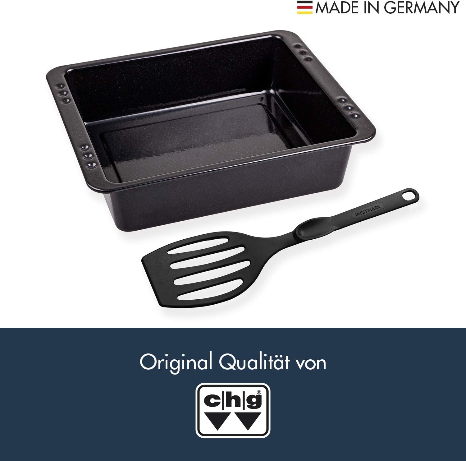 Chg SET 341-46-60 Extra Tiefe Ofenform (7.0 Cm) "Emaille" Mit Profi-Pfannenwender", Schwarz Gesprenkelt Molds and trays for baking Naty Shop
