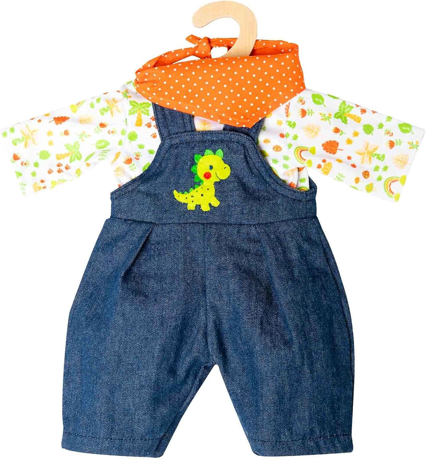 Heless 1115 - Bekleidungs-Set für Puppen im Dino-Design, 3 teilig mit Latzhose, T-Shirt und Halstuch, Größe 28 - 35 cm