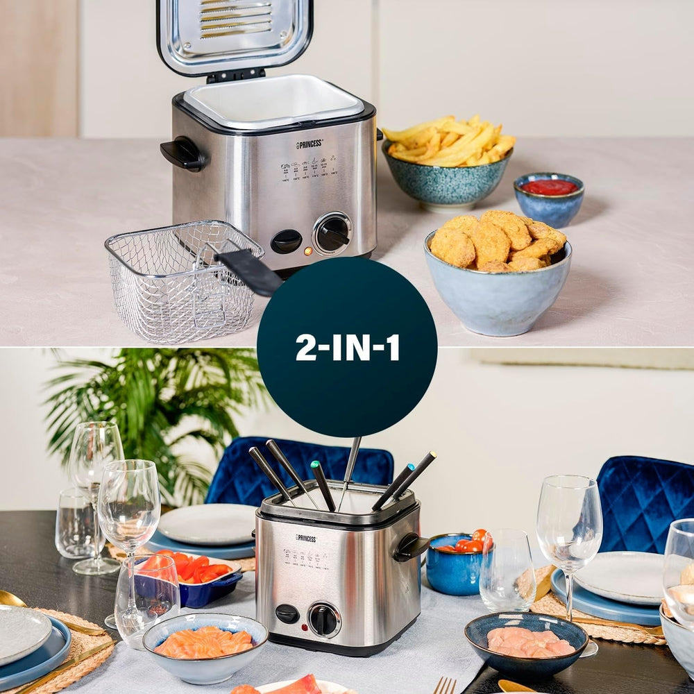 Princess 182611 Mini Fondue Fryer - Fast Heating - Odor Filter - 1.2 Liter Capacity, Silver Home Appliances Naty Shop