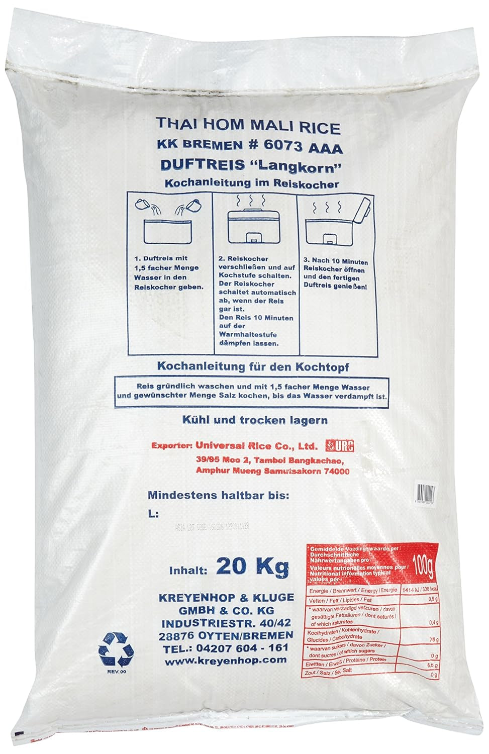 Orez parfumat Aroy-D, orez cu bob lung 100%, 1 pachet (1 x 20 kg)