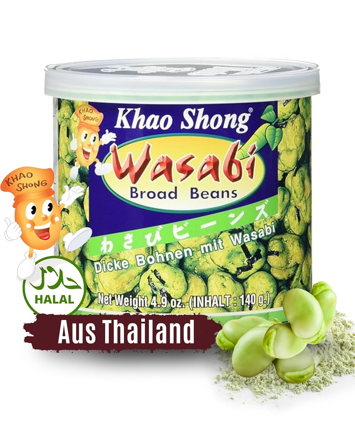 Khao Shong Fried Green Peas with Wasabi, Crispy Peas in a Spicy Batter, A Low-Fat Alternative to Nuts, Medium Spicy, 1 140g Can | 140 g (1 pack)