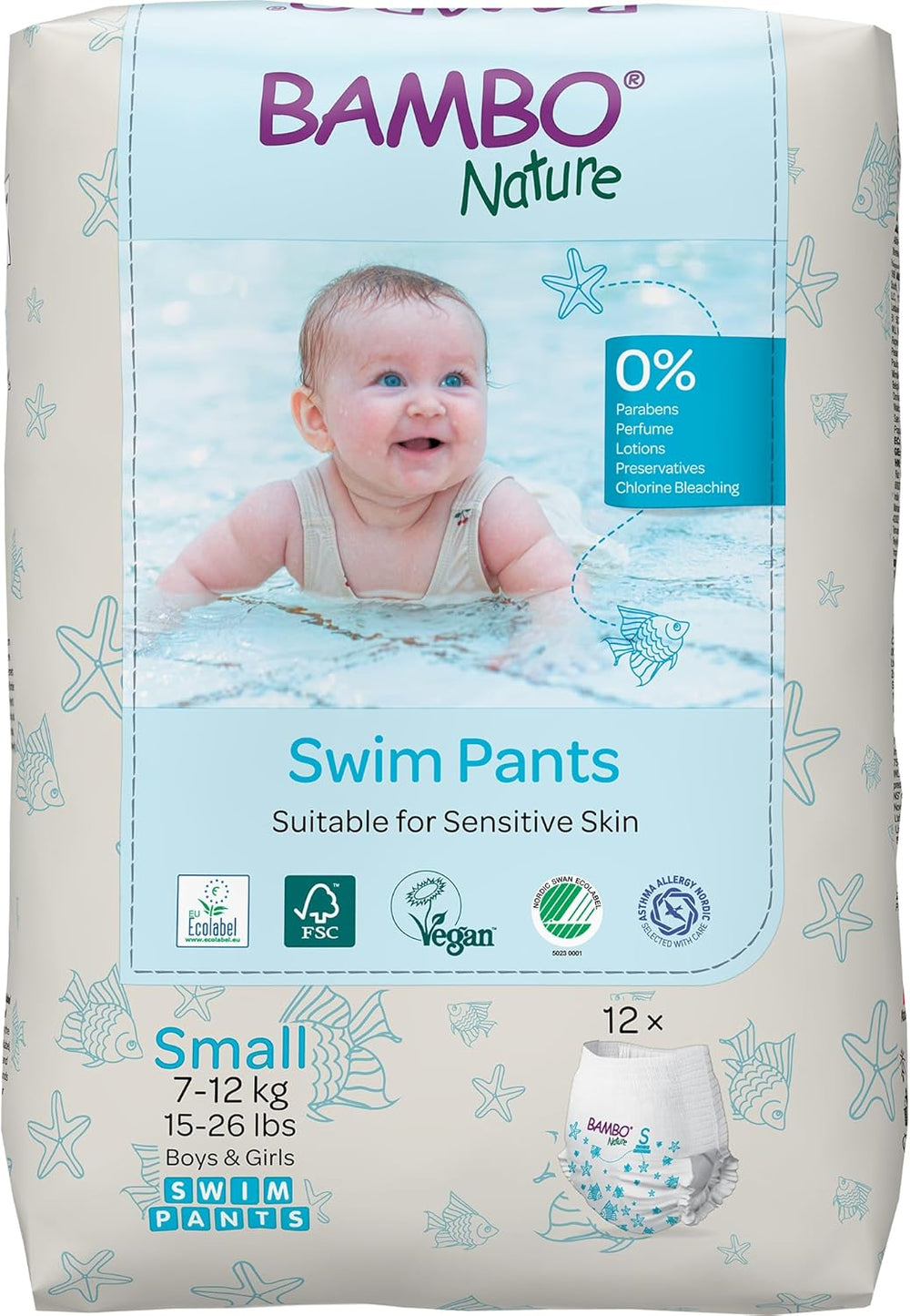 Bambo Nature Baby Swim Diapers, Size S (7-12kg), 12 Diapers | Secure Fit Disposable Swim Diapers | Waterproof comfort during water play