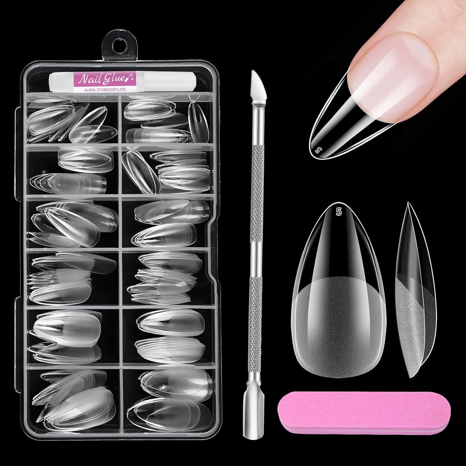 Unghii scurte cu acoperire completă, 120 de bucăți, 12 dimensiuni, vârfuri de unghii scurte pentru unghii cu gel, unghii artificiale pentru lipire, set de unghii cu pile de lipit, lustruitor de unghii, împingător de cuticule