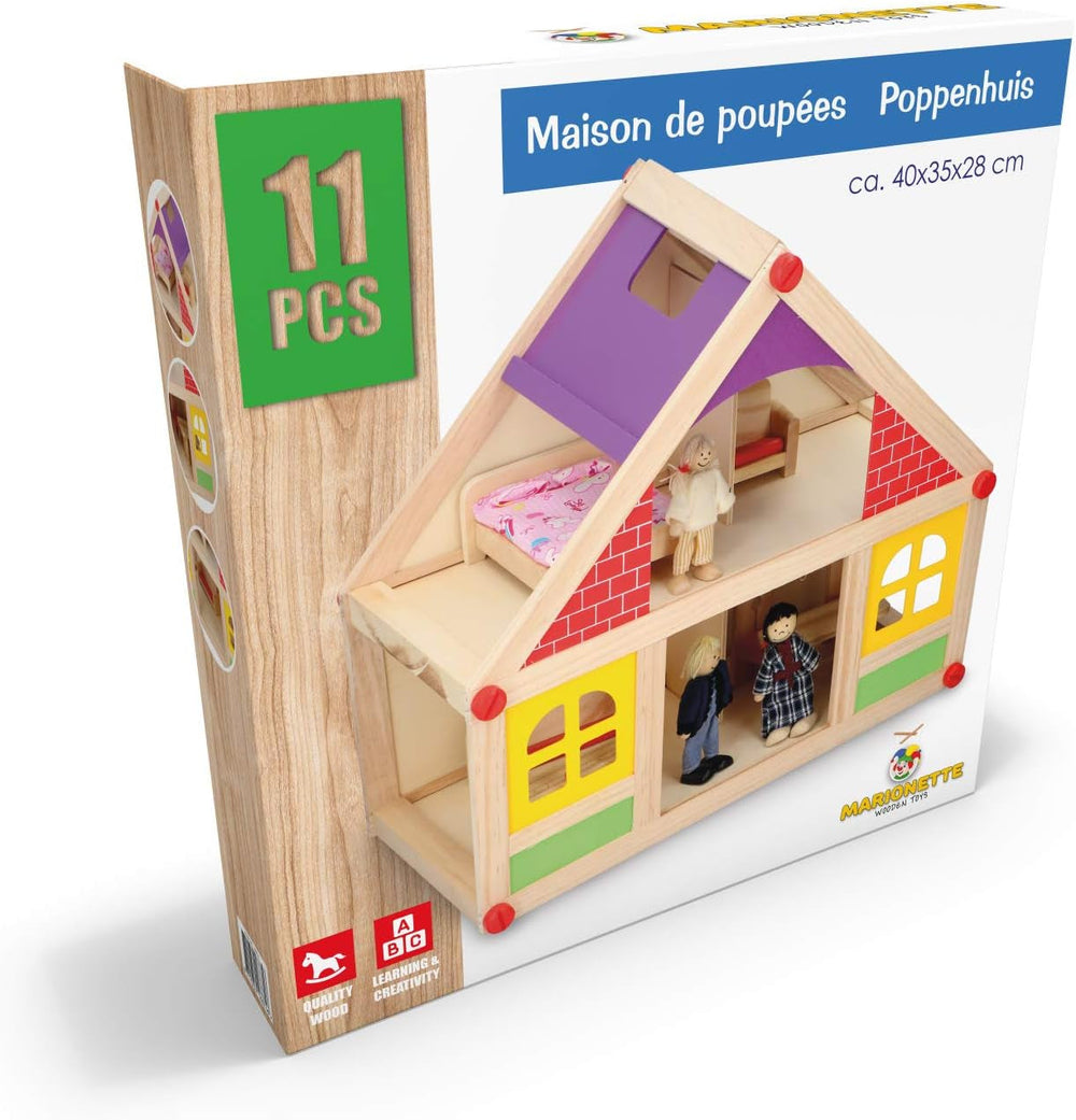 Marionette Wooden Toys - Wooden dollhouse with furniture and dolls - 11 pieces Dollhouses Naty Shop