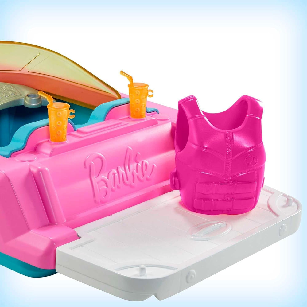 Barbie Speedboat Set, păpușă Barbie cu păr blond, vestă de salvare roz, barcă, cățel, accesorii, cadouri pentru copii cu vârsta peste 3 ani, Grg30 Papusi Naty Shop