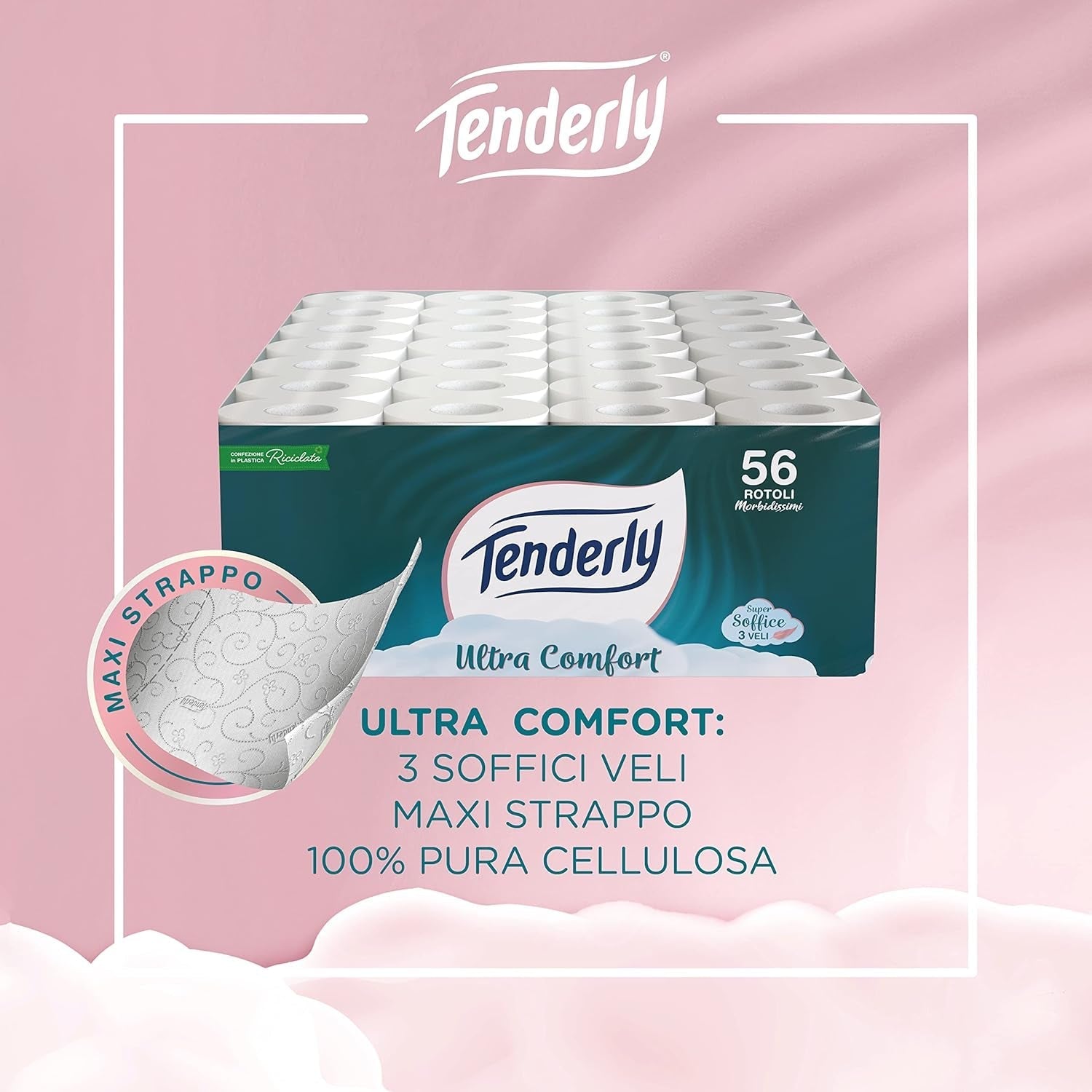 Ultracomfort, hârtie igienică cu 3 straturi, 56 role de hârtie igienică foarte moale și pură, testată dermatologic pentru pielea sensibilă, confort și delicatețe garantate