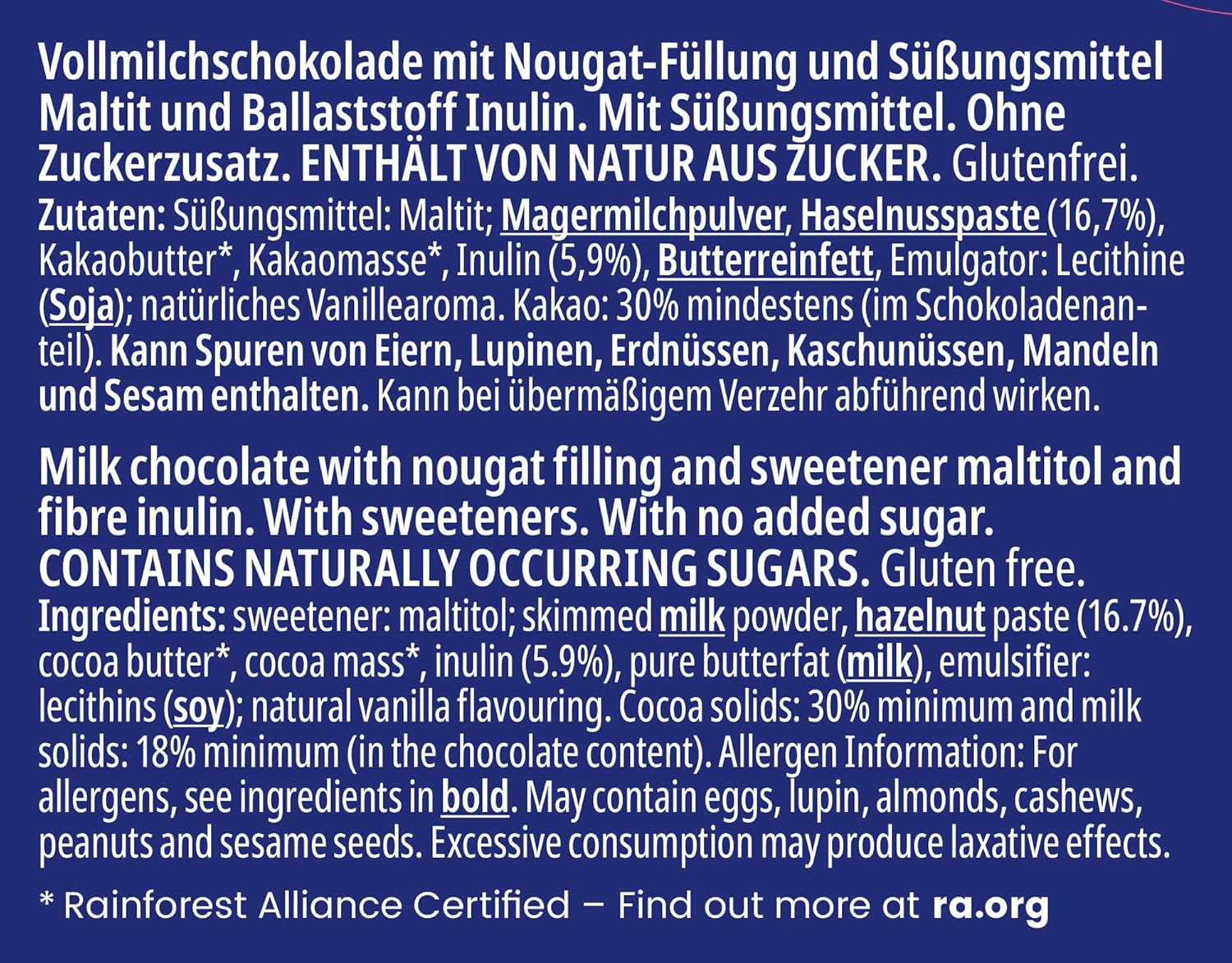 frankonia CHOCOLATE WITH NO ADDED SUGAR Chocolate with nougat, gluten-free, 100 g (pack of 4)