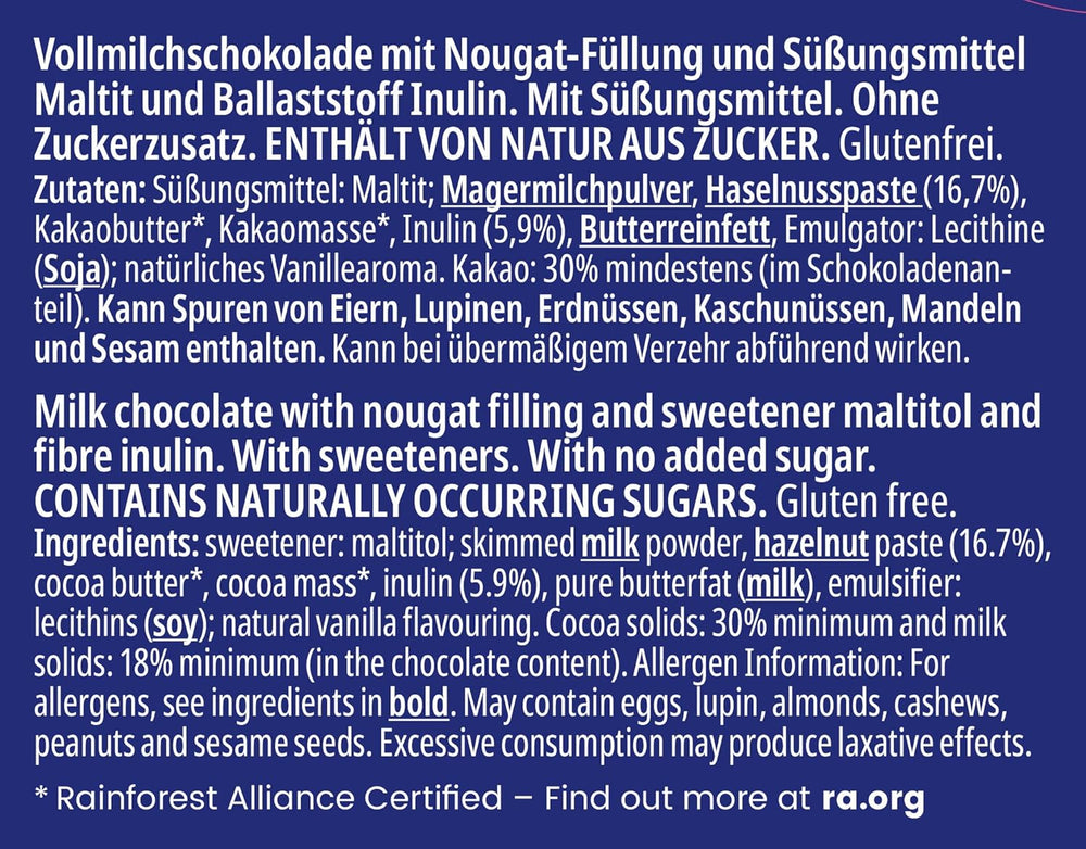 frankonia CHOCOLATE WITHOUT ADDED SUGAR Nougat Chocolate, gluten-free, 100 g