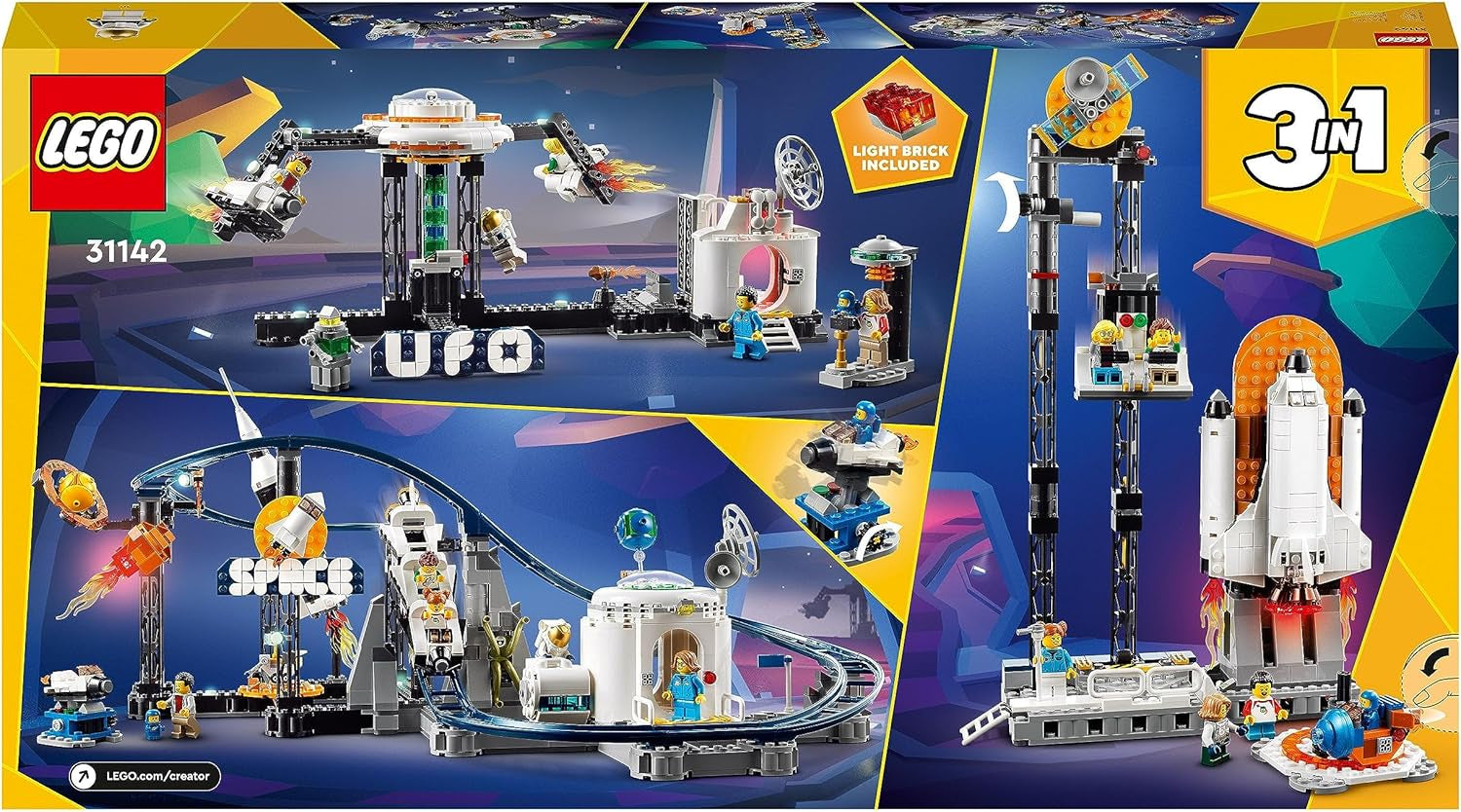LEGO 31142 Creator 3-In-1 Space Rollercoaster Toy Kit for Kids with Working Carts, Converts to a Freefall Tower or Carousel with Rockets and Glowing Bricks Building Sets Besuche den LEGO-Store