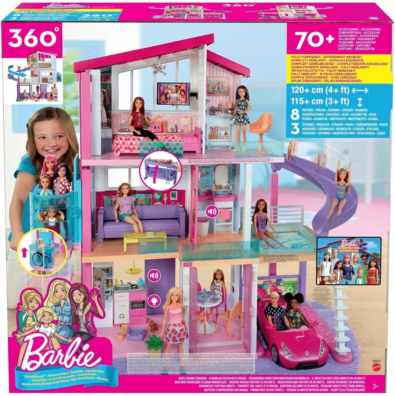 Barbie Dollhouse, Dream Villa Doll, complet mobilată, 3 etaje, 8 camere inclusiv piscină, tobogan și lift, 70 de accesorii, jucării de la 3 ani, GNH53 Casute de papusi Naty Shop