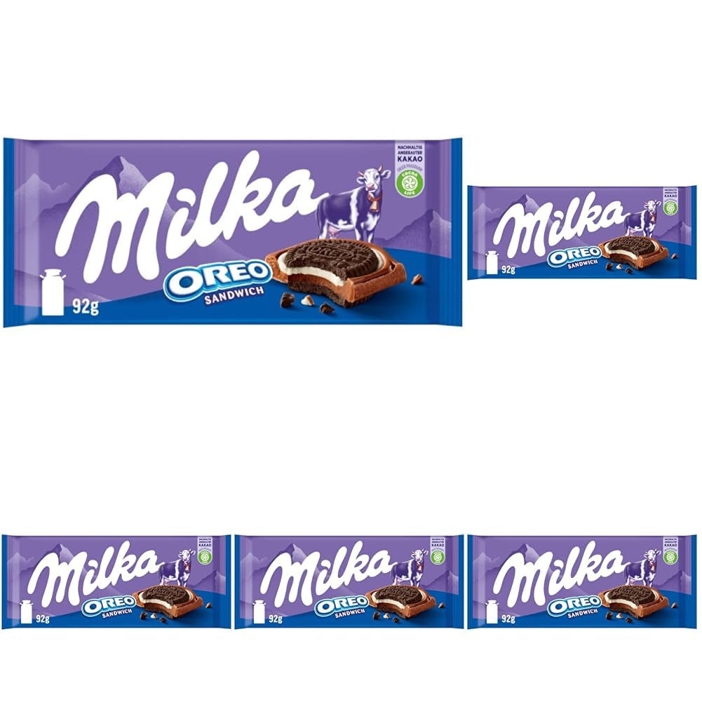 Milka Oreo Sandwich – Alpine milk chocolate, filled with crunchy pieces of Oreo cookies and smooth vanilla cream – 92g