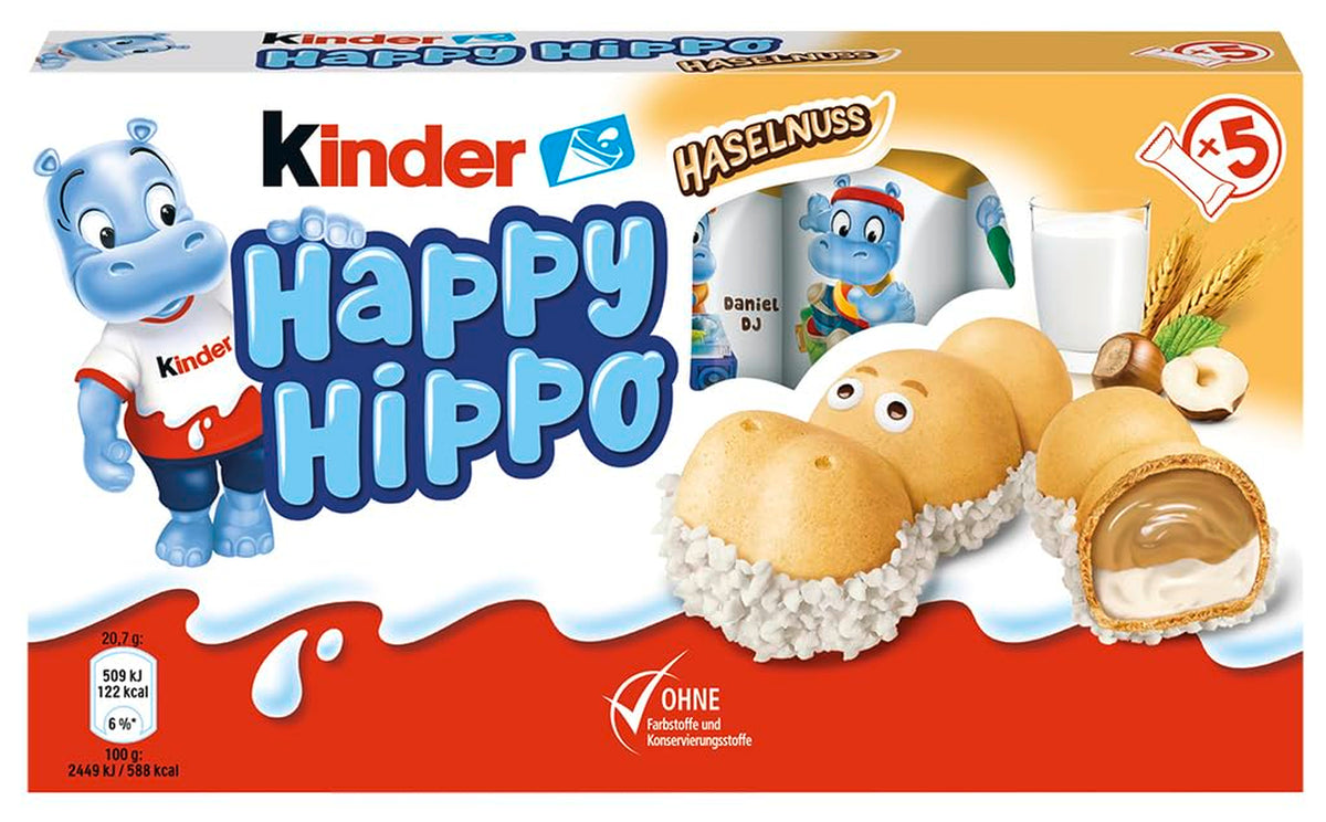 Kinder Happy Hippo Hazelnut - Specialty Crunchy Wafers with Milk and Hazelnut Cream - Carnival and Mardi Gras Sweets - 1 pack containing 5 individual bars of 20.7g each