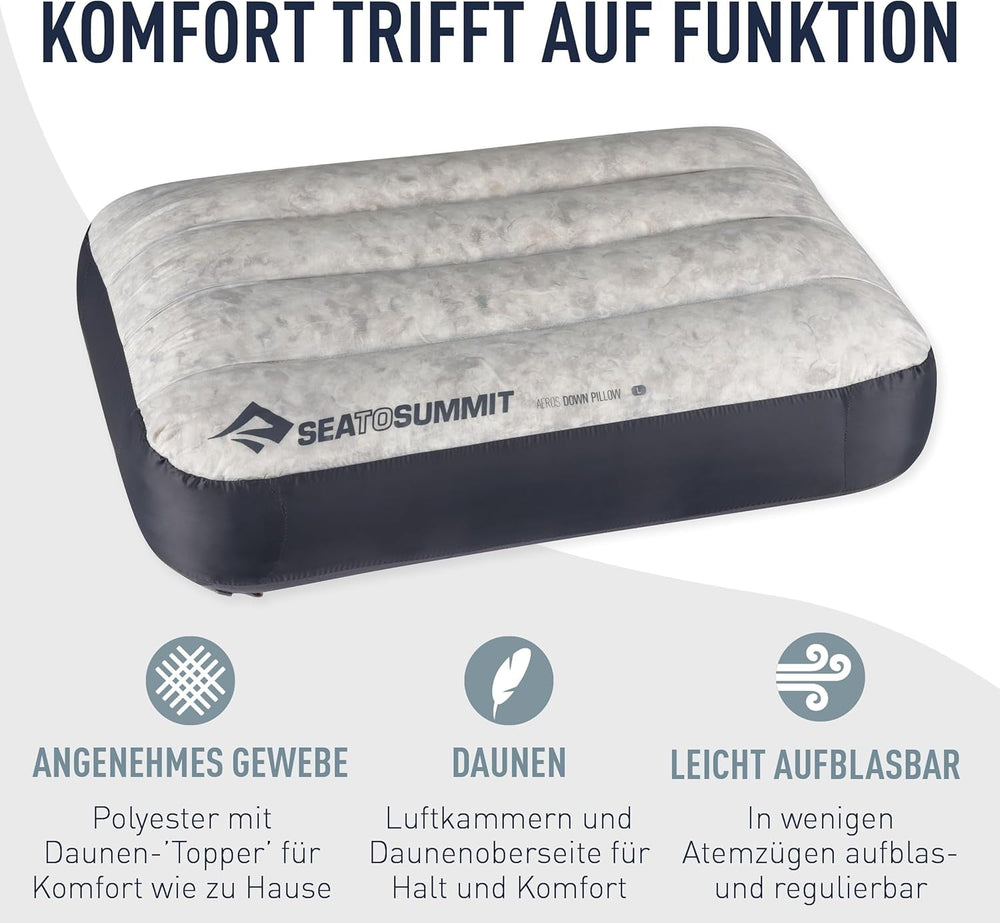 Sea to Summit - Aeros Down Travel Pillow L - Ultralight & Inflabilă - Material 10D - Pernă din puf Premium - Antiderapantă - Pentru drumeții și camping - 42 X 28 X 12 Cm - Gri - 95 G Perne calatorie Naty Shop