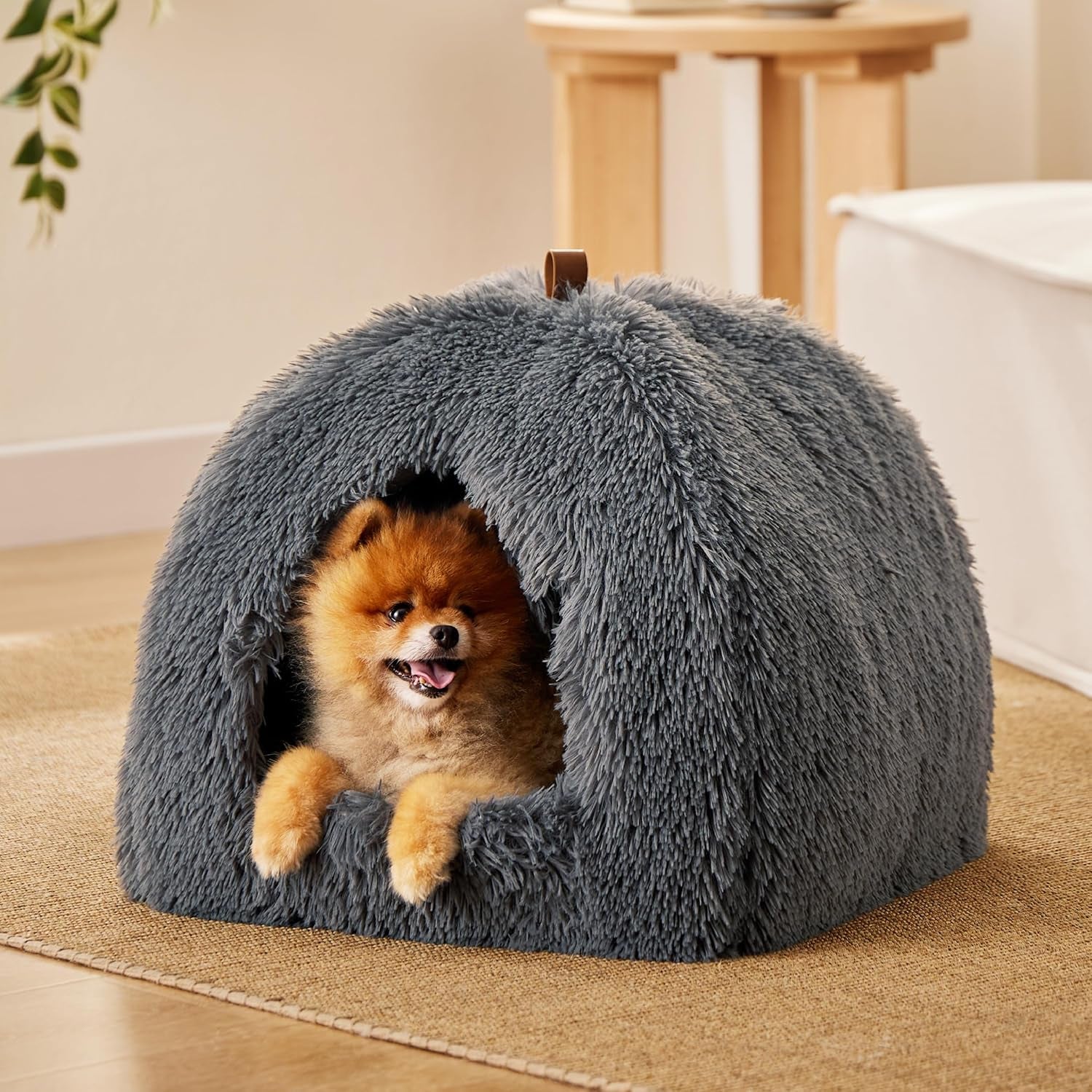 BEDSURE Katzenbett große Katzen Katzenhöhle- 44x44x44 cm Plüsch Katzenhaus Indoor mit abnehmbarem Katzenkissen und hängendem Spielzeug, Katzen Bettchen waschbar, dunkelgrau