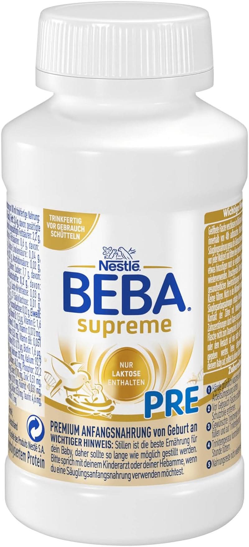 BEBA SUPREME PRE Initial milk ready to drink from birth, baby food with DHA, lactose only, palm oil free, pack of 8 (8 x 200 ml) Mother and Child Naty Shop