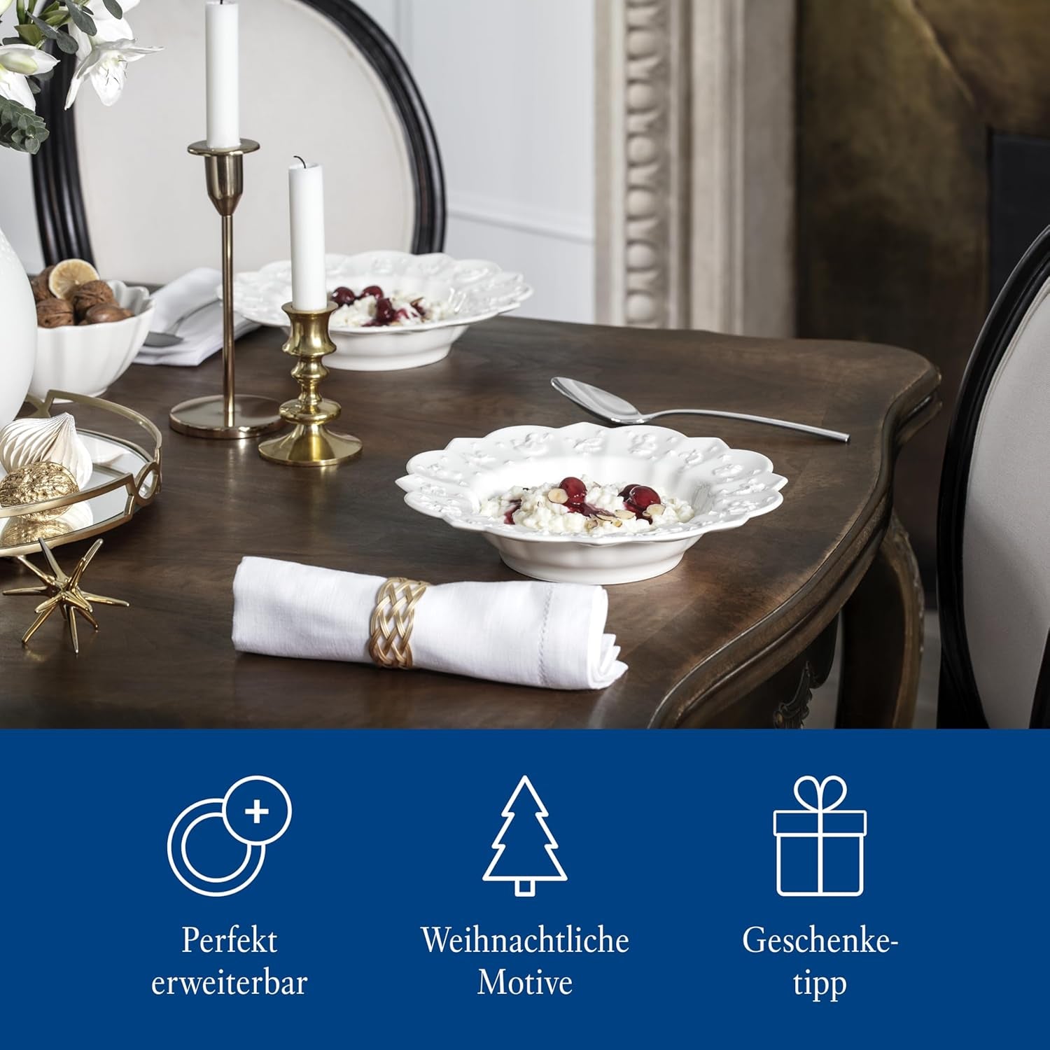 Villeroy & Boch – Set de veselă Toy's Delight Royal Classic cu 12 piese, alb, potrivit pentru mașina de spălat vase și cuptorul cu microunde, farfurii, set de veselă pentru 4 persoane, veselă de Crăciun, jucării, porțelan premium