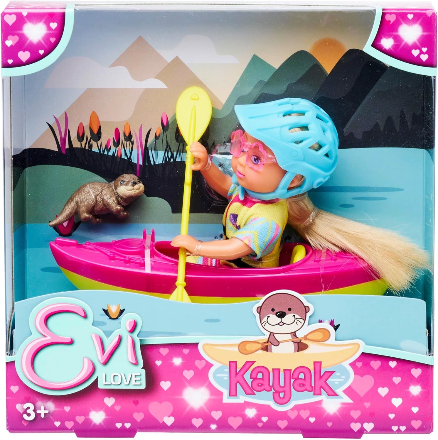 Simba Evi Love Kayak, Spielpuppe Macht eine Kajaktour, mit passer Bekleidung, Helm, Paddel, Sonnenbrille und Otter, 12cm, ab 3 Jahren