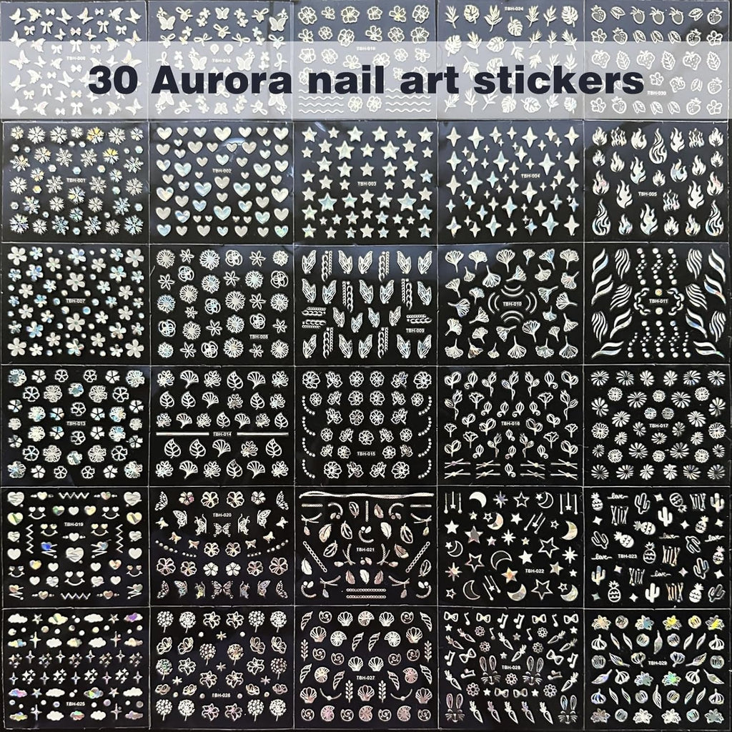 30 Blatt Aurora-Nagelkunst-Aufkleber, Selbstklebende 3D-Blumen-Nagelaufkleber, Aurora-Mond-Stern-Nagelaufkleber Für Nagelkunst, Blatt-Herz-Nageldesign Für Diy-Acrylnägel-Dekoration