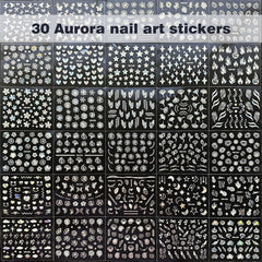 30 Blatt Aurora-Nagelkunst-Aufkleber, Selbstklebende 3D-Blumen-Nagelaufkleber, Aurora-Mond-Stern-Nagelaufkleber Für Nagelkunst, Blatt-Herz-Nageldesign Für Diy-Acrylnägel-Dekoration