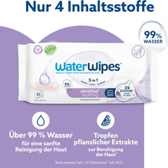 WaterWipes Sensitive+ Soothing Clean Wet Wipes, 720 Count (12 Pack), 3-in-1 Cleansing, Care and Soothing, 99% Water with Plant Extract, Fragrance Free Baby Wet Wipes