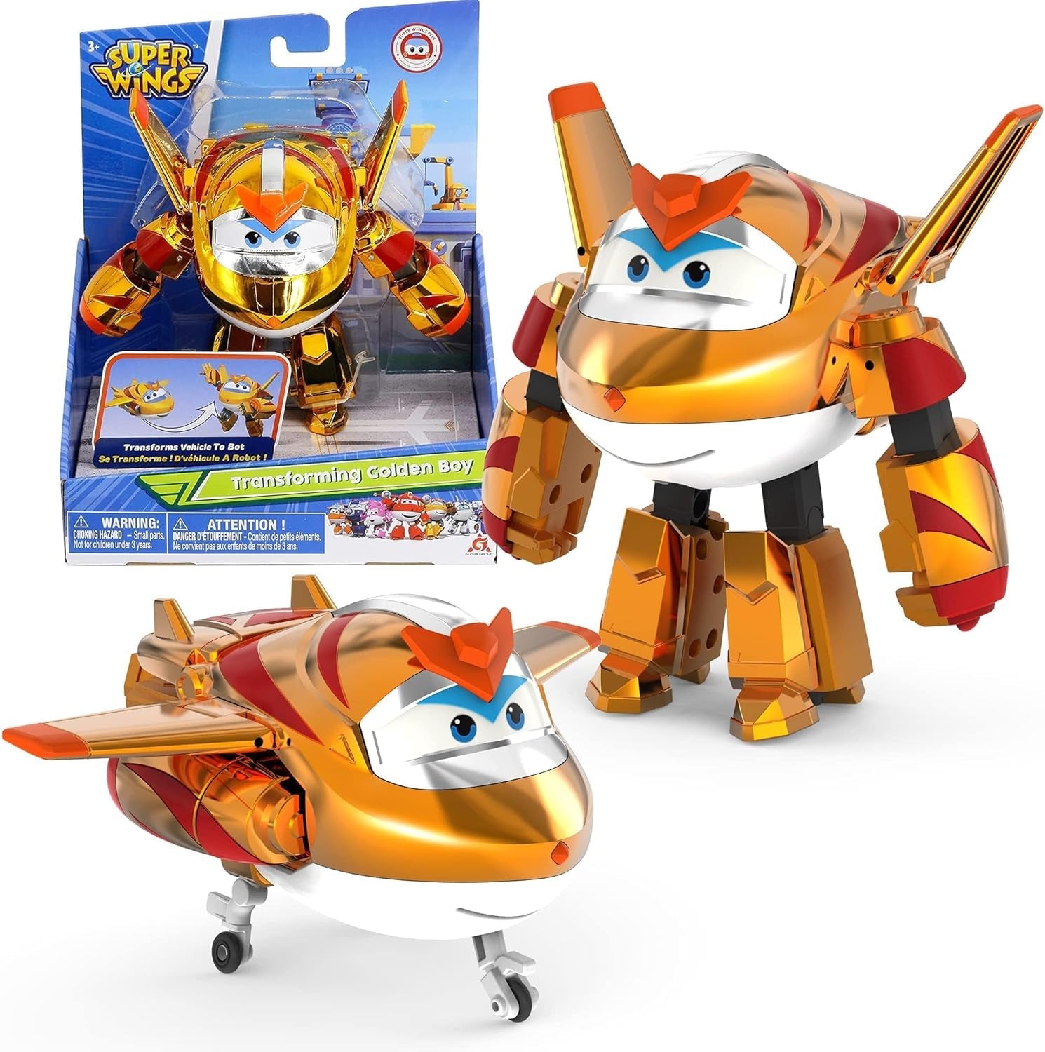Super Wings Transformation Plane Supercharged Traver, Approx. 12.7 Cm Large Children's Play Figure Toy Airplane and Robot Figure for Boys and Girls Above 3 Years Old Silver Action Figures Naty Shop The Golden Boy