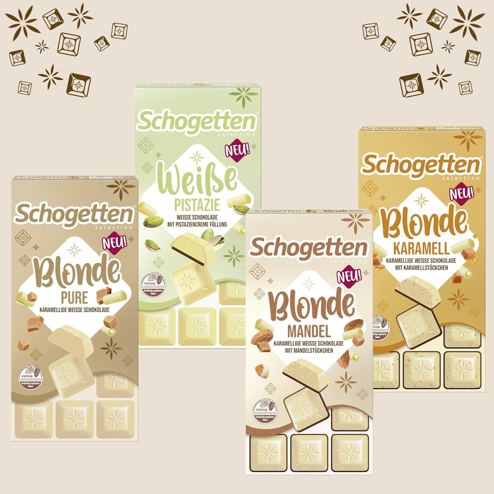 Schogetten Blonde Almond | White chocolate with caramel and almond pieces | 100 g | Conveniently Portioned (Pack of 2)