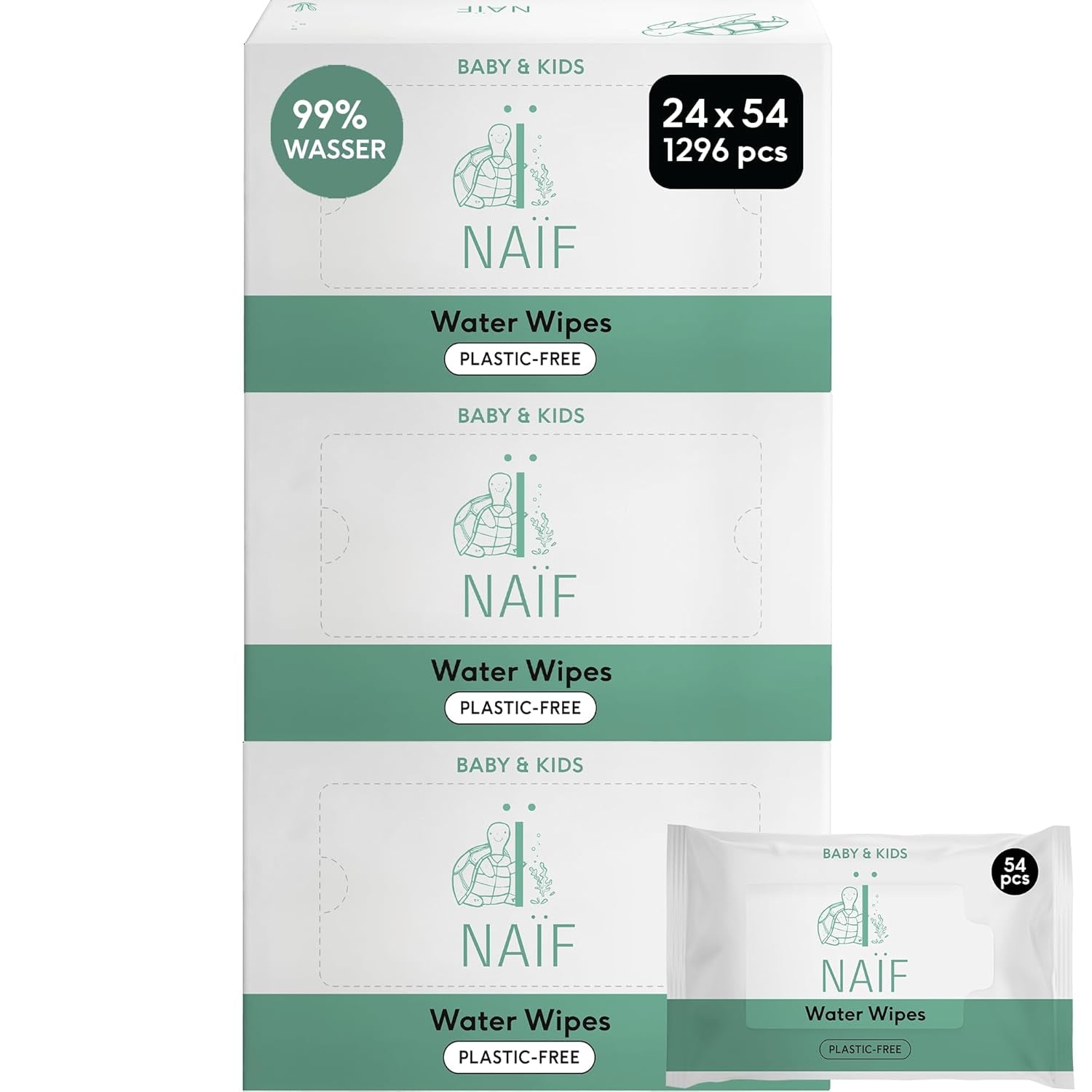 Naïf Plastic Free Baby Wipes 54 Pieces (1 Pack x 54 Pieces) - For Baby's Bottom, Body and Face - Natural Ingredients