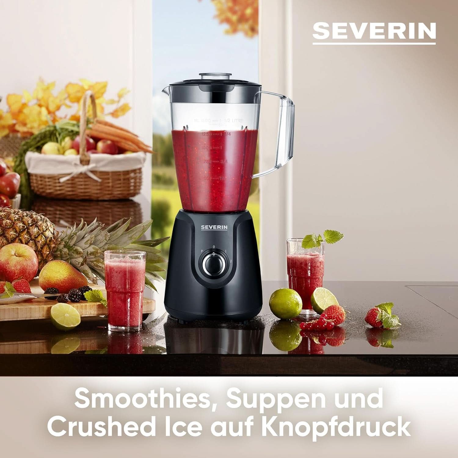 SEVERIN Standmixer Mit 1.5 L Mixbehälter Aus Tritan, Mixer Mit 2 Stufen Und Pulse-Funktion, Leistungsstarker Küchenmixer Mit Edelstahlmesser, 600 W, Schwarz, SM 3707 Kitchen Naty Shop