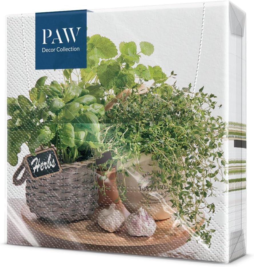 PAW - Șervețele 3 straturi (33 X 33 Cm) I 20 bucăți I Perfect pentru zile de naștere, petreceri, nunți, comuniuni și sărbători I Decorațiuni de masă Șervețele de hârtie colorate - ierburi I aromă de ierburi