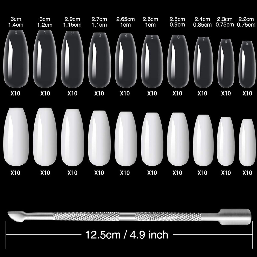 200 bucăți vârfuri de unghii false, 10 mărimi unghii artificiale acrilice cu împingător de cuticule și cutie transparentă pentru femei și fete (naturale și transparente)