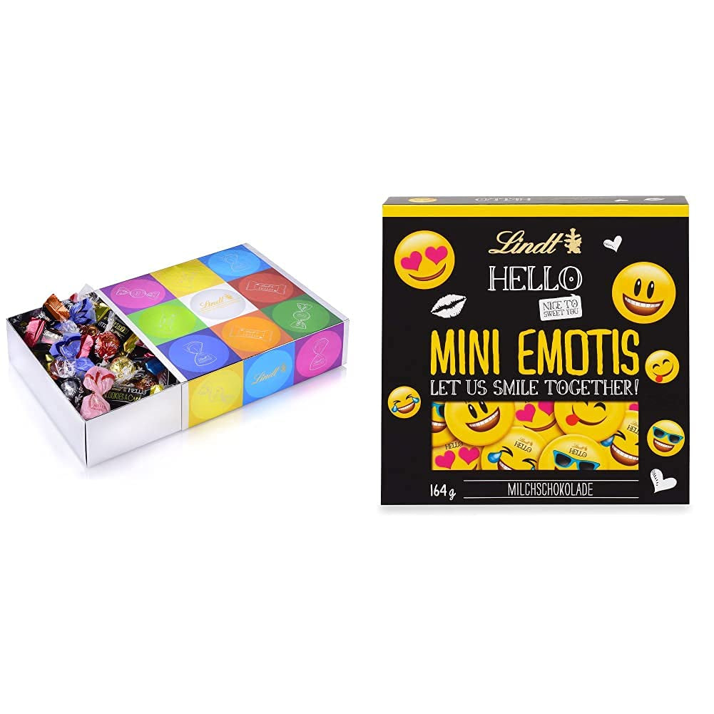 Chocolate assortment (37 LINDOR balls, 24 Hello Mini sticks, 10 Mini Fioretto), chocolate gift (1 x 815 g) and HELLO Mini Emoti, milk chocolate in 5 emoticon designs, 164 g