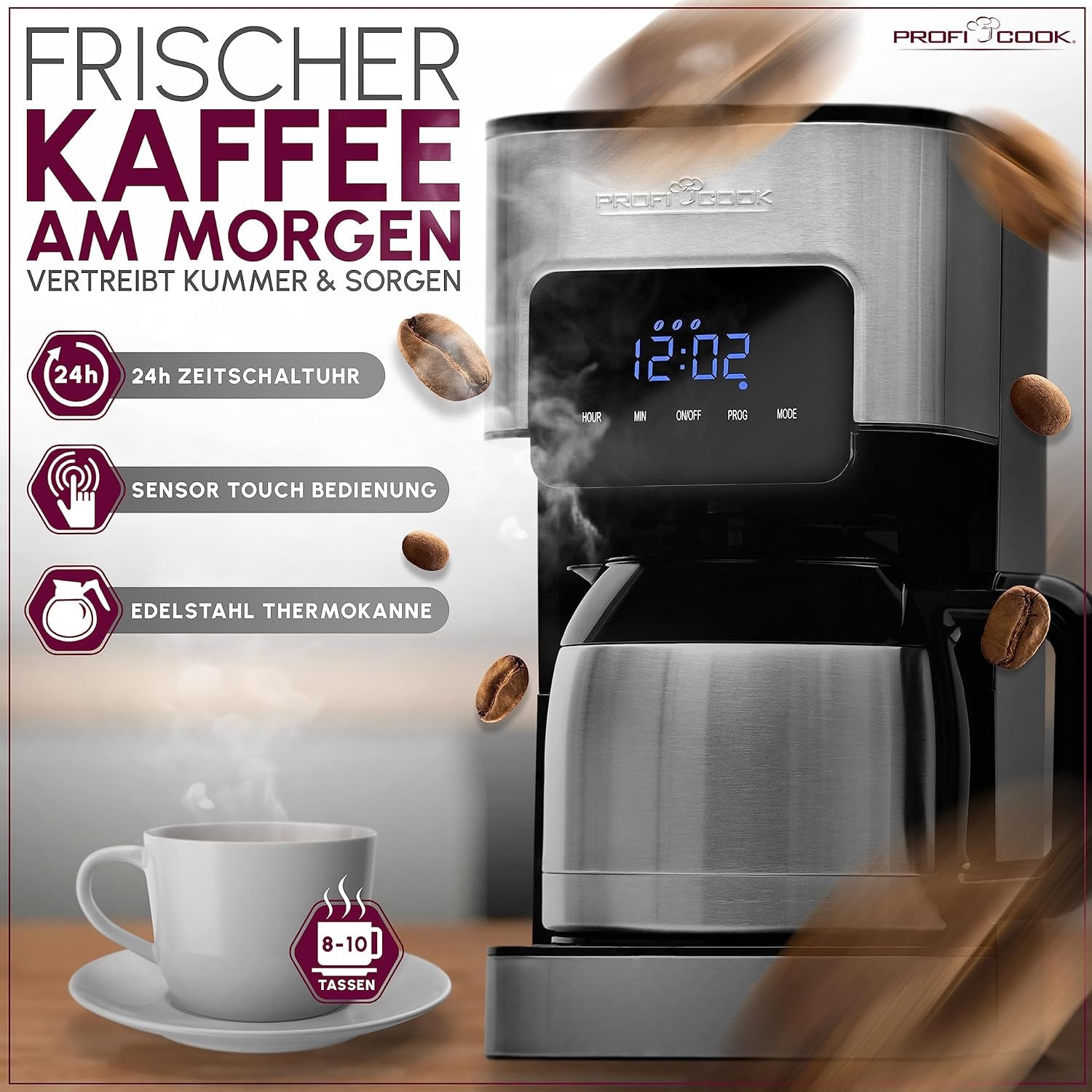 Cafetieră Profi Cook | 8-10 cești | Temporizator | Comenzi tactile cu senzor | Carafă termos cu pereți dubli de 1,2 litri | Sigiliu pentru aromă | Cafetieră cu filtru din oțel inoxidabil | PC-KA 1191