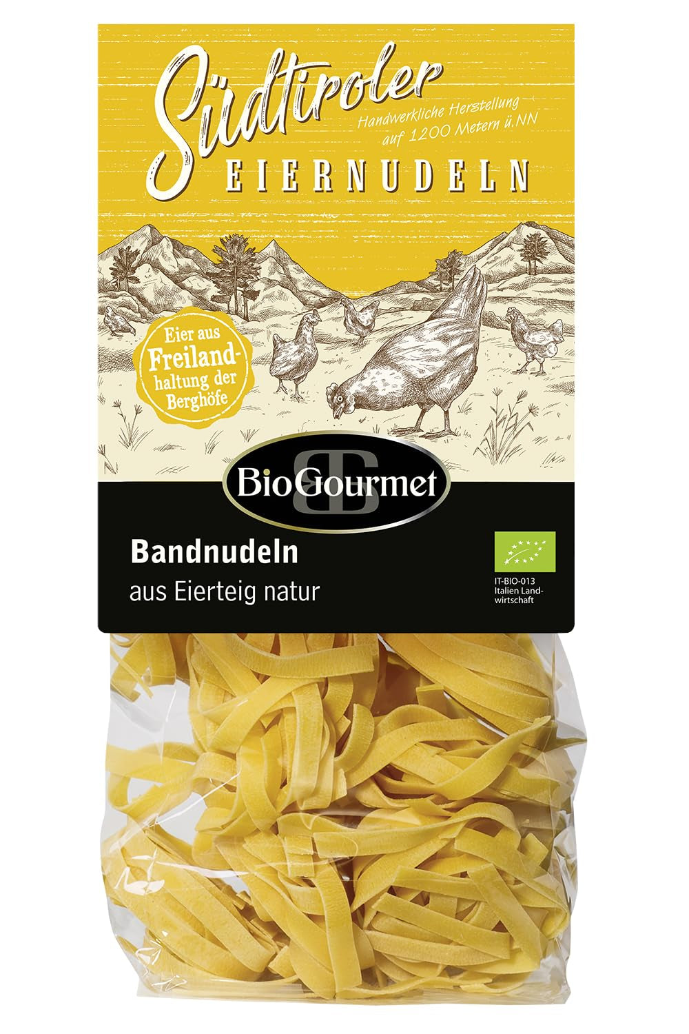 BioGourmet ribbon noodles with Schüttelbrot from South Tyrol (PGI) | Salted and flavored egg noodles with genuine speck from South Tyrol | 1 x 250g Bio