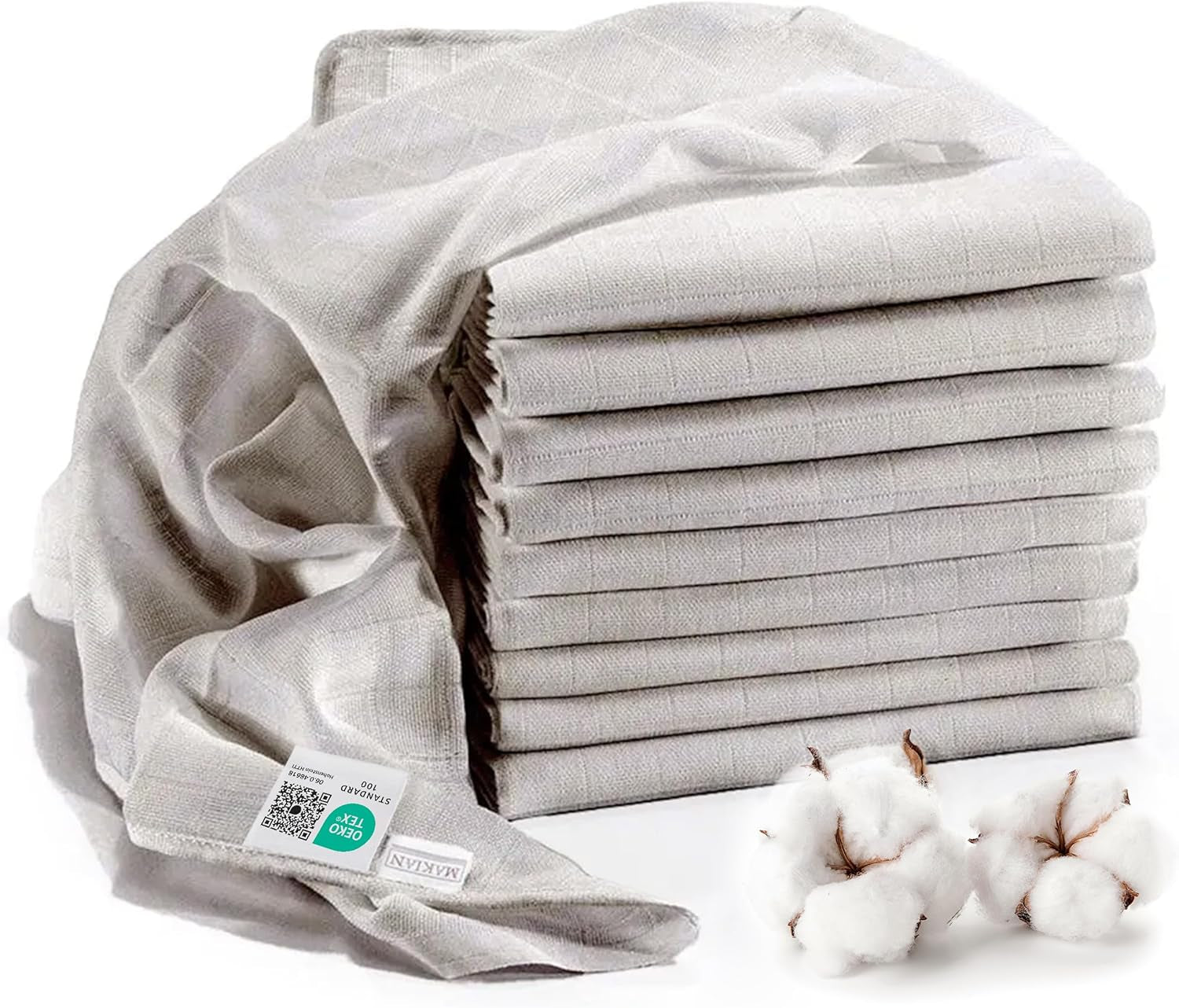 MAKIAN Muslin Squares, Pack of 10, 80x80cm, Oeko-TEX® Standard 100 Certified, 10 Premium Burp Cloths - Double Woven Cloth Squares / Muslin Squares, Boil Resistant - White