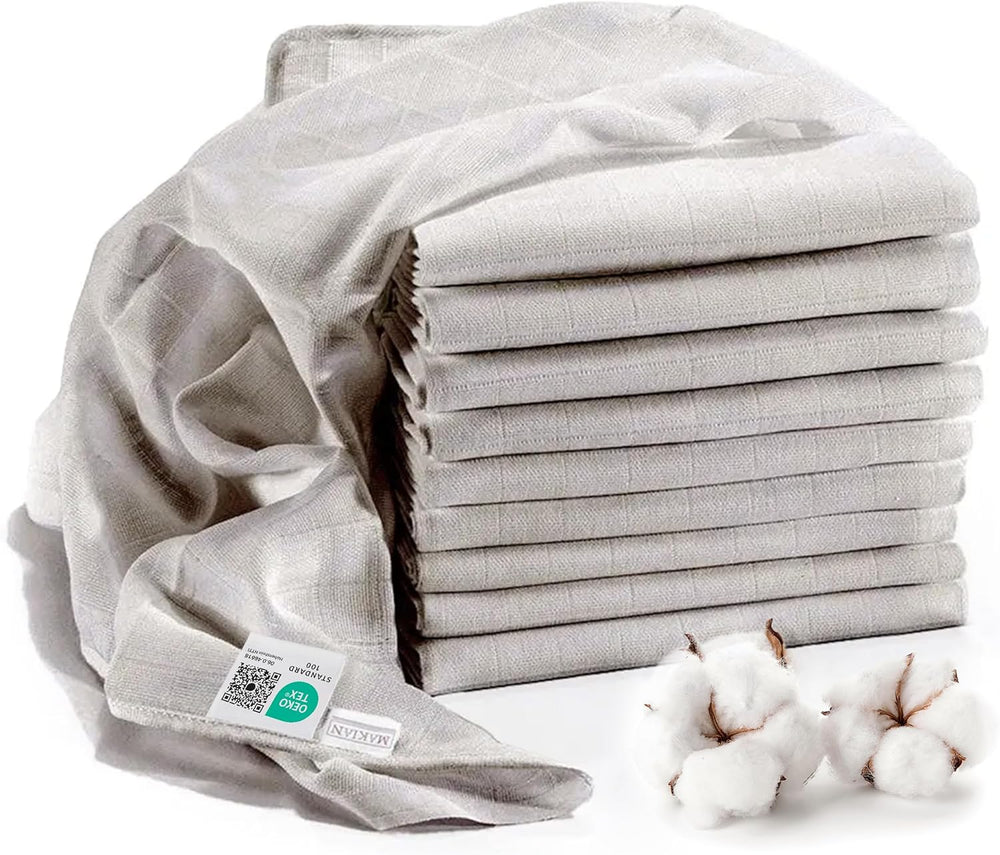 MAKIAN Muslin Squares, Pack of 10, 80x80cm, Oeko-TEX® Standard 100 Certified, 10 Premium Burp Cloths - Double Woven Cloth Squares / Muslin Squares, Boil Resistant - White