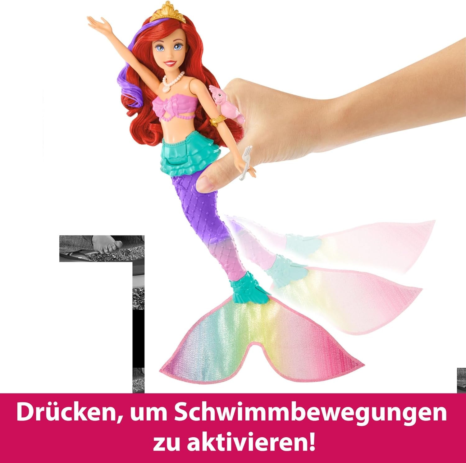 Mattel DISNEY Arielle - Meerjungfrauenpuppe mit Farbwechseleffekt, inklusive Seepferdchen-Freund, Diadem, Halskette und Dingelhopper für Unterwasserabenteuer, HPD43