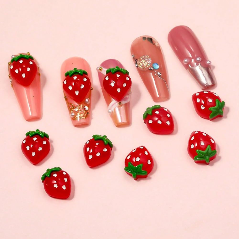 100Pcs 3D Nail Charms Rosa Rot Kirsche Erdbeere Blume Nagel Charms Kamelie Rose Schmetterling Nail Art Charms Flatback Herz Schleife Charms Nägel Zubehör Mond Stern Nagelschmuck Nageldesign Anhänger