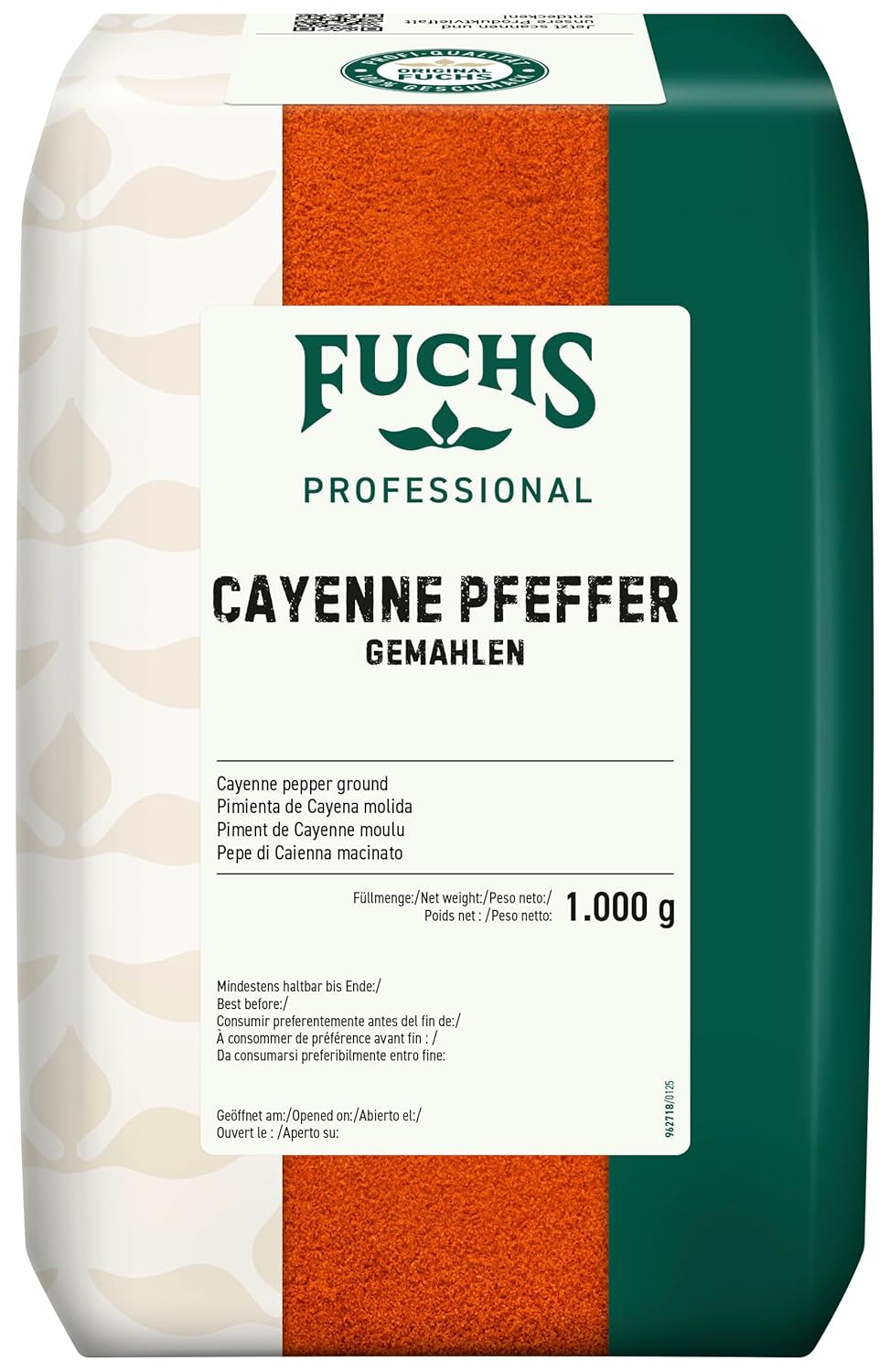 Fuchs Professional - Cayenne Pfeffer gemahlen | Scharfes Gewürz für Chili con Carne | Profi-Qualität für Großverbraucher und Gastronomie | 1 kg im recyclable bag