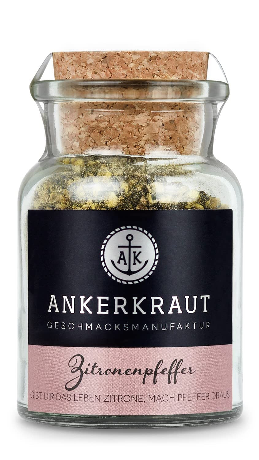 Ankerkraut Zitronenpfeffer, 85g in cork glass, Pfeffer-Mischung Citrus Frische-Kick, Einfach Kochen mit Gesmack & Aroma